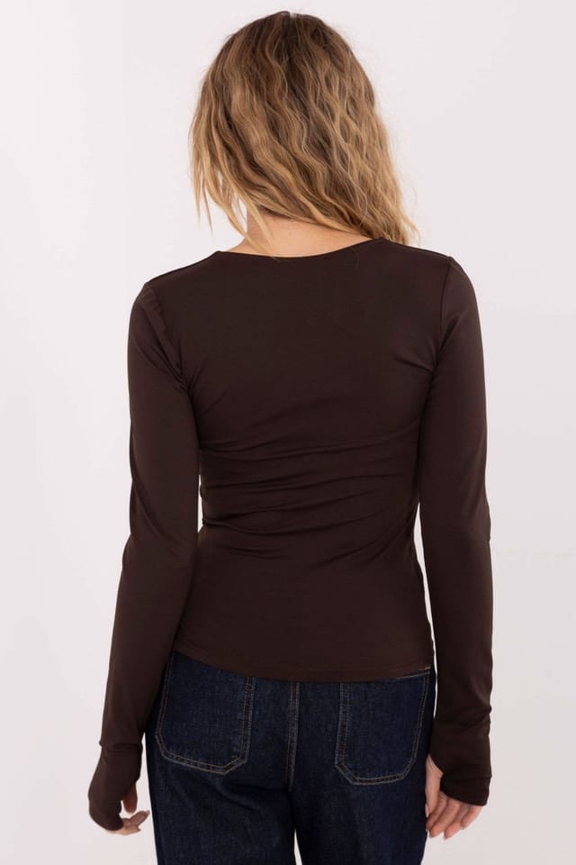 Love Lace Love Lace Women's Elegant Fitted Long Sleeve Blouse With Thumb Holes in Brown - 3