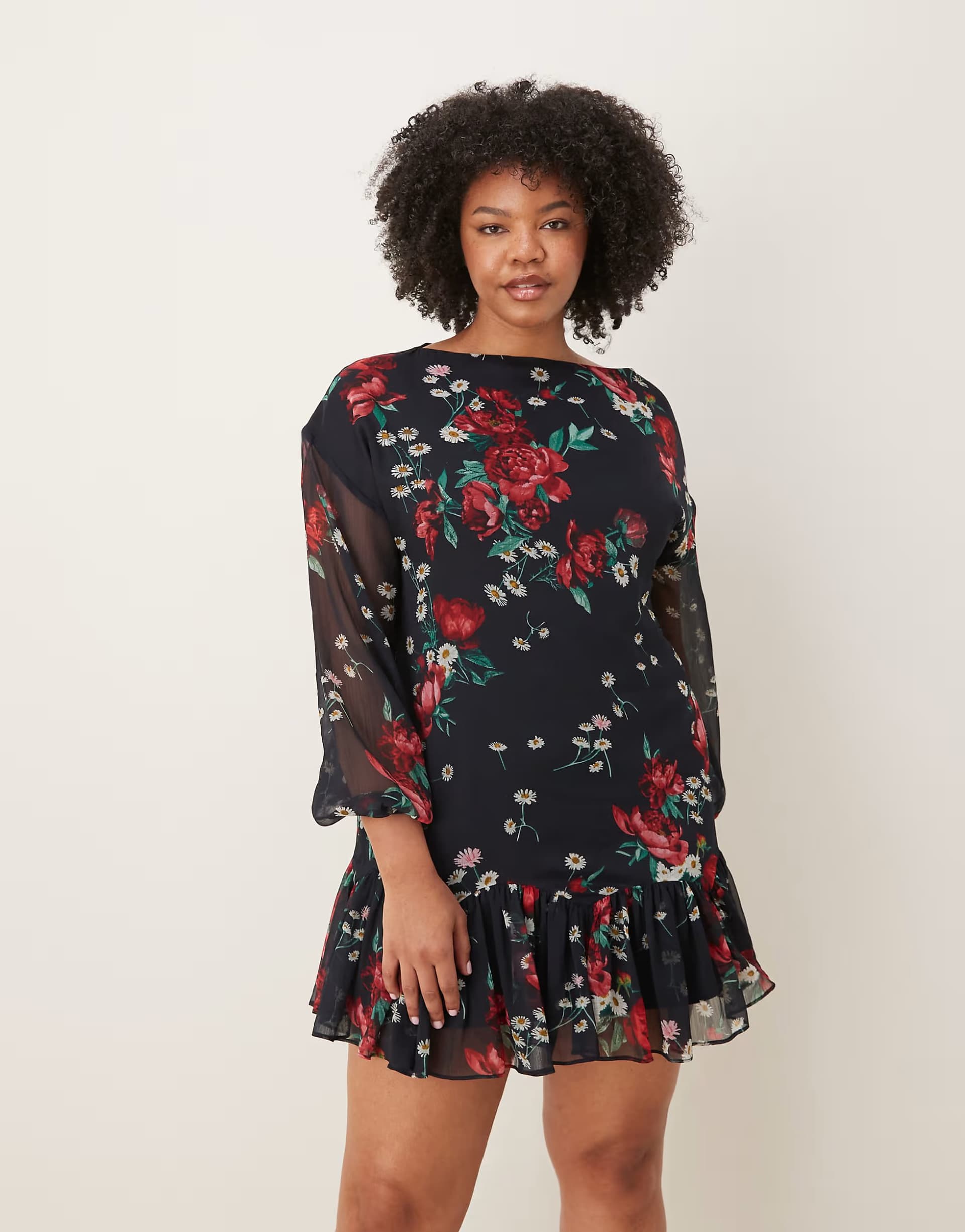 ASOS ASOS DESIGN Curve slash neck chiffon godet mini dress in black red floral