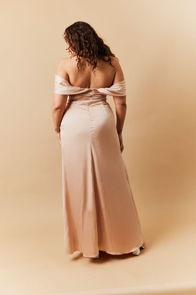 In The Style In The Style Women's Satin Bardot Ruched Maxi Dress in Beige - 2