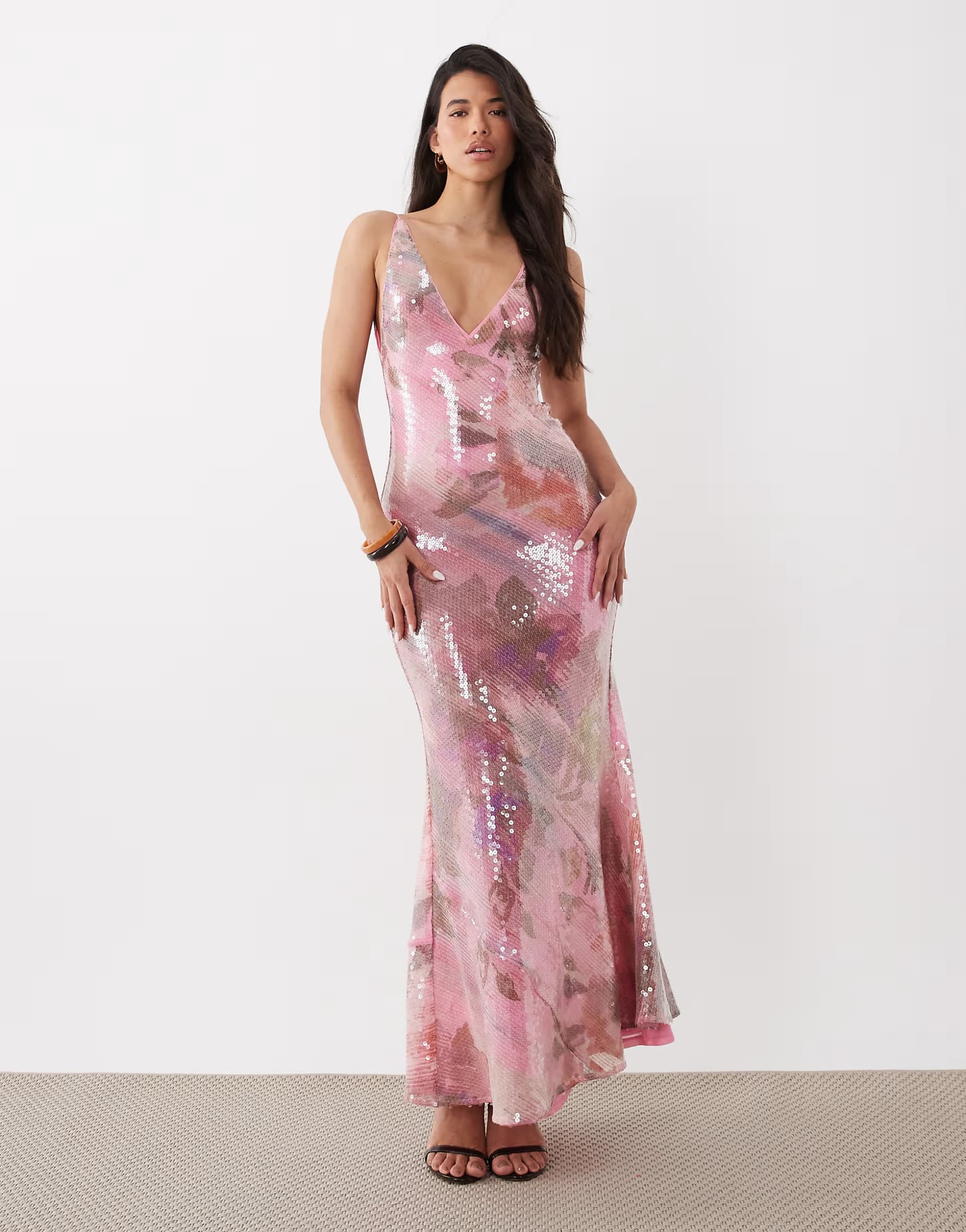 ASOS ASOS DESIGN glass sequin deep plunge fishtail maxi dress in pink occasion floral print