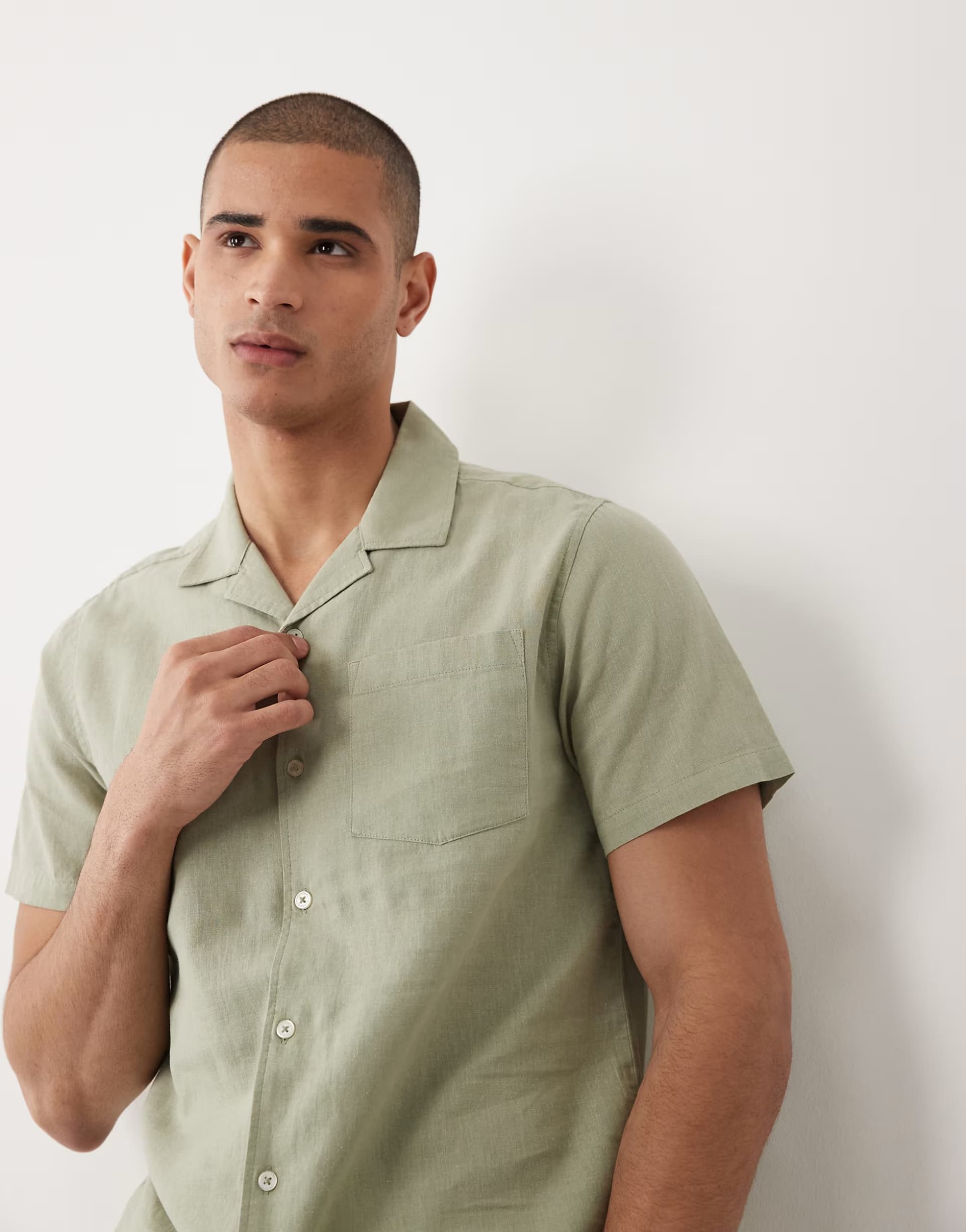 ASOS Threadbare short sleeve linen mix shirt in sage green