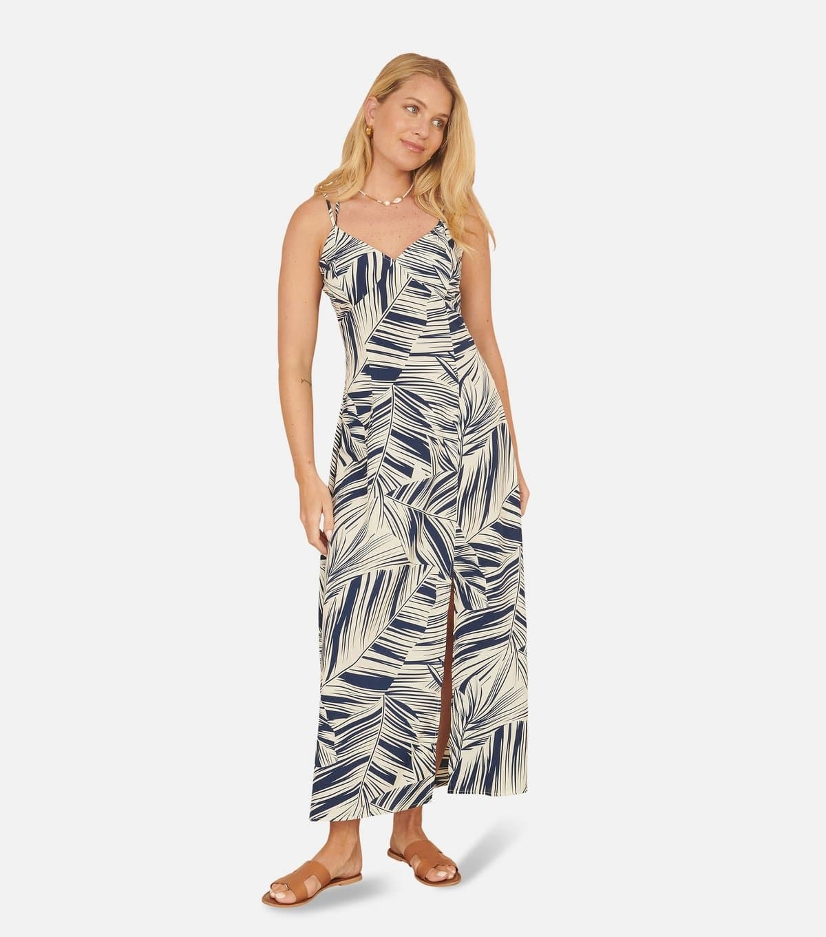 Yumi Women's Navy Leaf Print Crossover Strap Midi Dress Yumi New Look