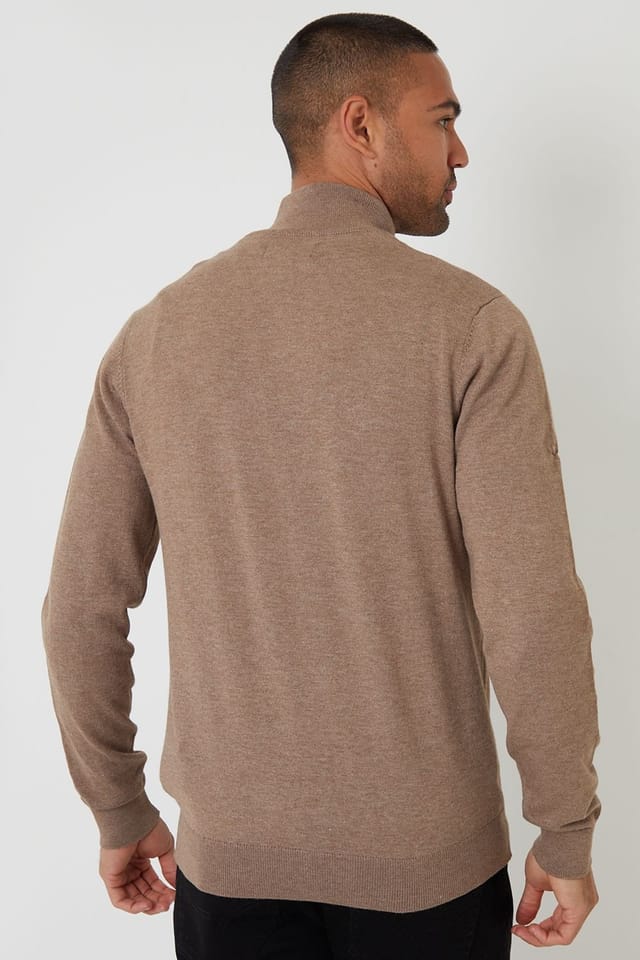 Threadbare Threadbare Men's Funnel Neck Quarter Zip Knitted Jumper in Taupe - 2