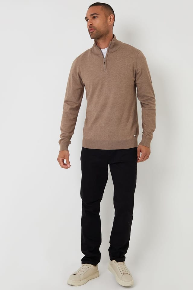 Threadbare Threadbare Men's Funnel Neck Quarter Zip Knitted Jumper in Taupe - 3