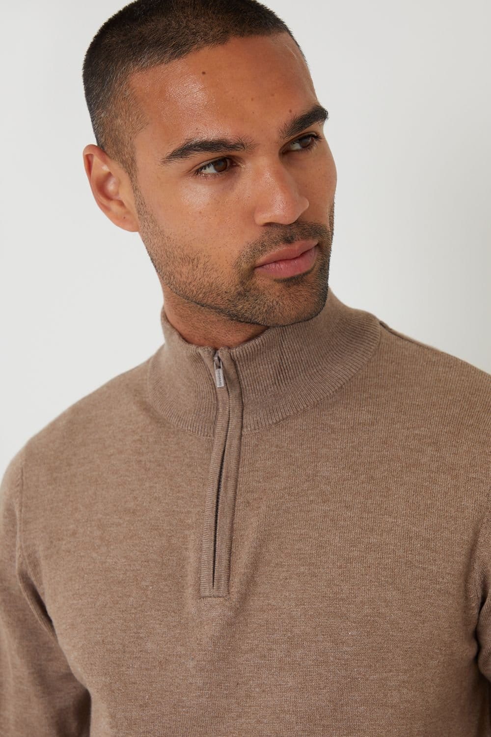 Threadbare Threadbare Men's Funnel Neck Quarter Zip Knitted Jumper in Taupe - 4