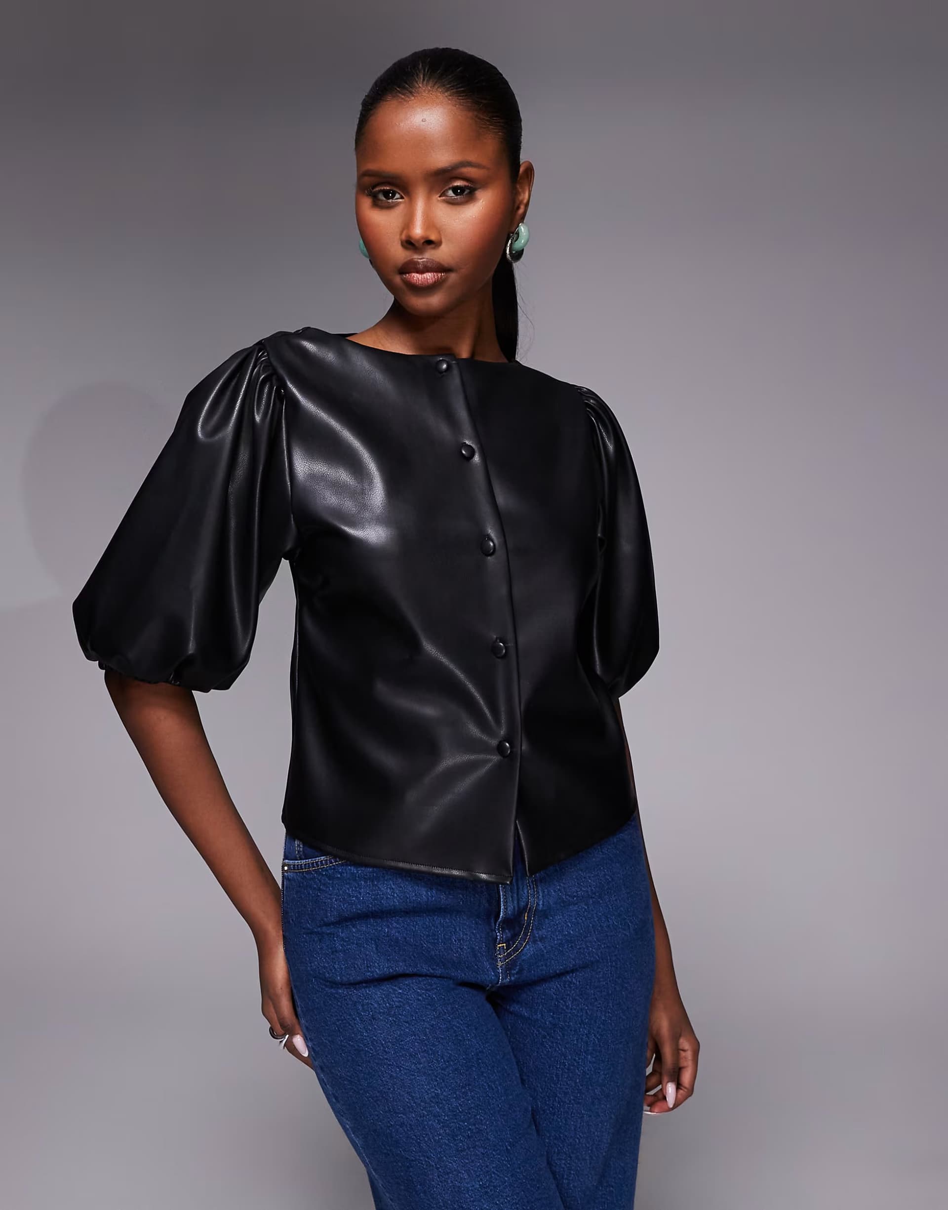 ASOS ASOS DESIGN PU puff sleeve button through top in black