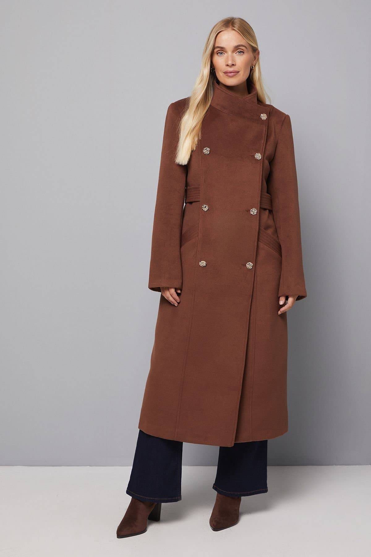 Wallis Wallis Women's Petite Double Breasted Tab Detail Funnel Coat in Chocolate