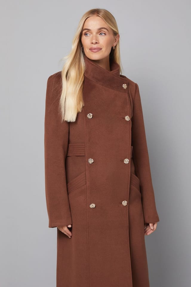 Wallis Wallis Women's Petite Double Breasted Tab Detail Funnel Coat in Chocolate - 2