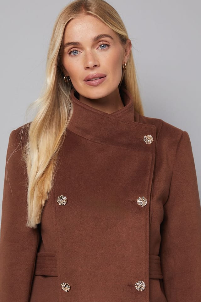 Wallis Wallis Women's Petite Double Breasted Tab Detail Funnel Coat in Chocolate - 3