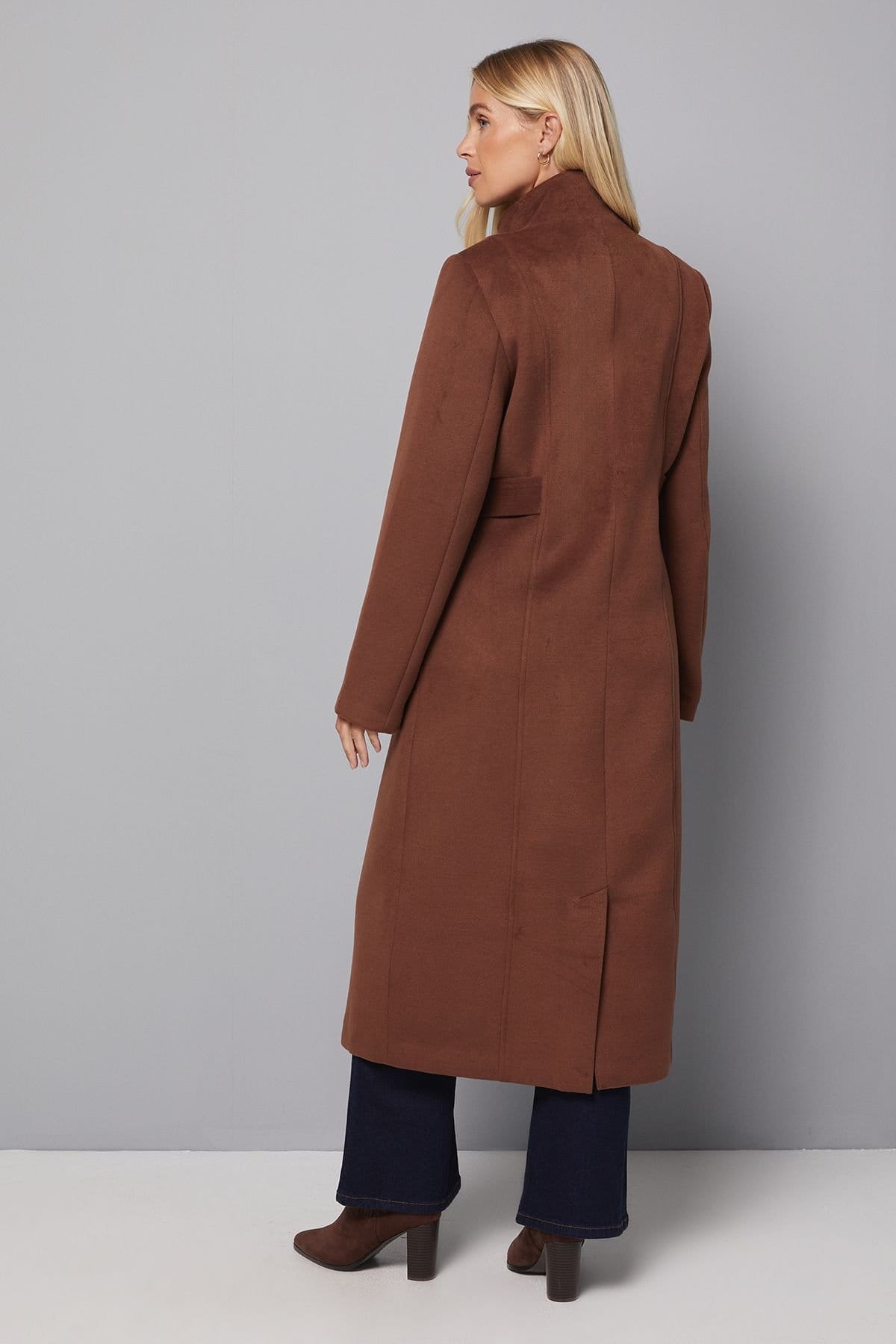 Wallis Wallis Women's Petite Double Breasted Tab Detail Funnel Coat in Chocolate - 4