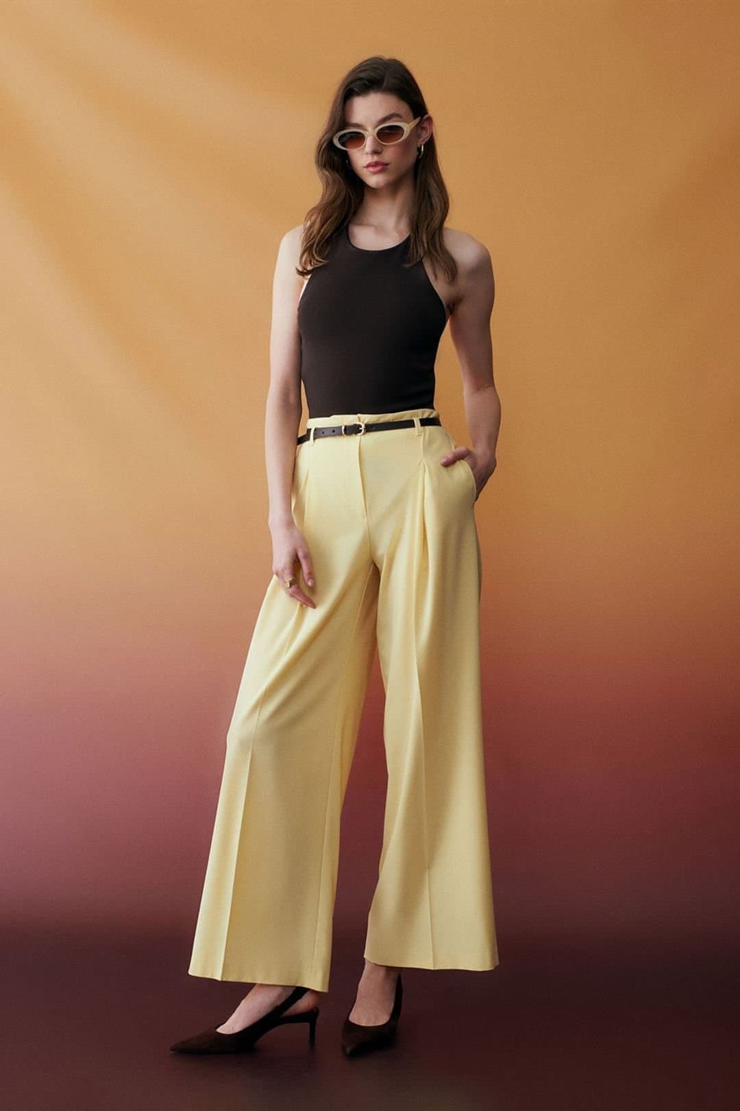 Dilvin Dilvin Women's Belted Wide-leg Crepe Trousers in Lemon