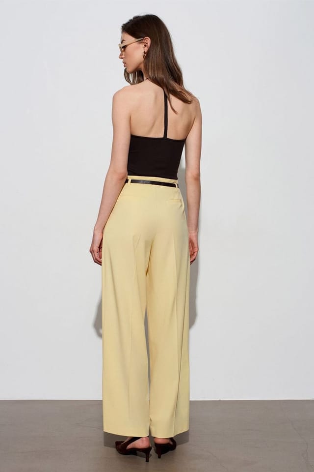Dilvin Dilvin Women's Belted Wide-leg Crepe Trousers in Lemon - 3