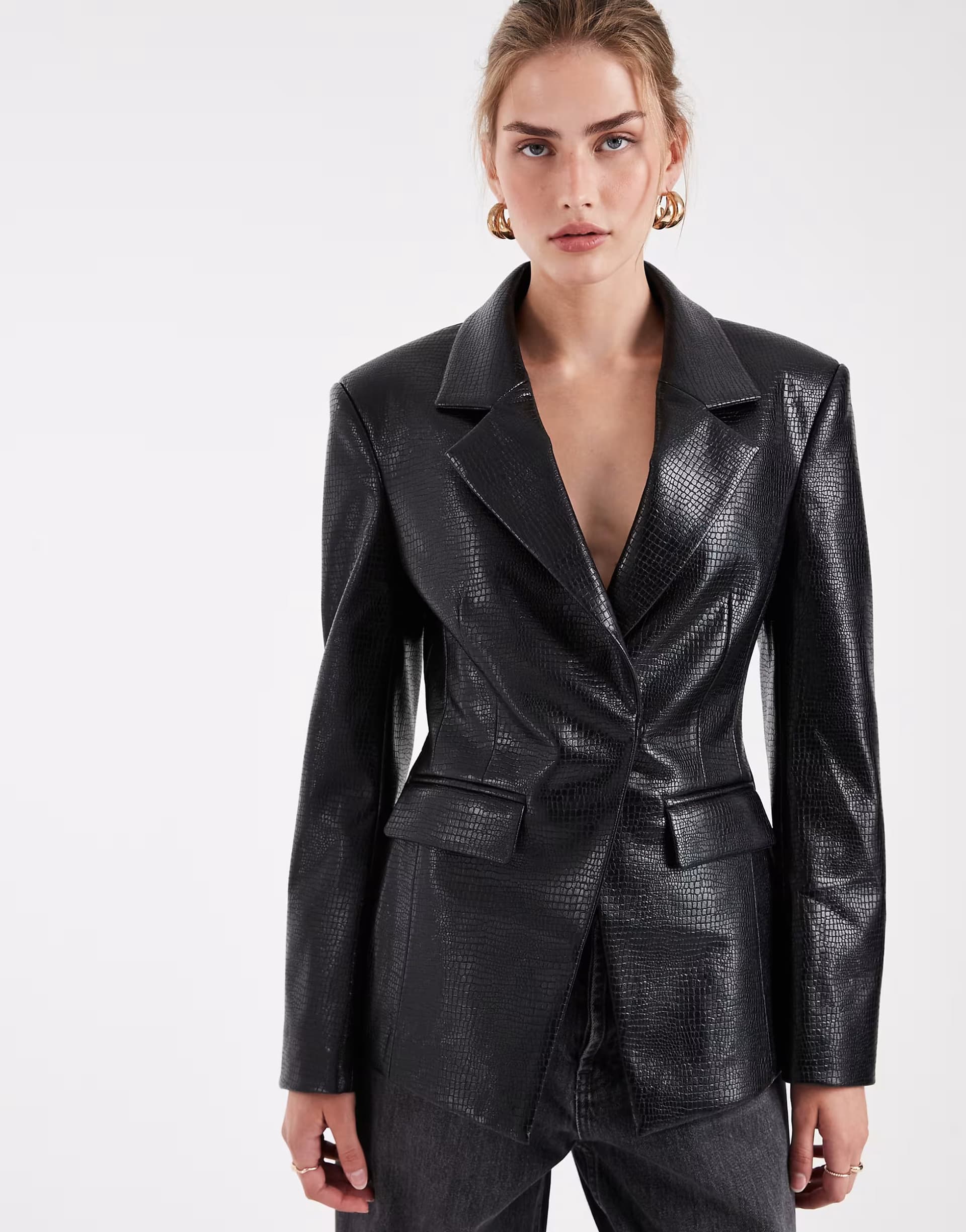 ASOS ASOS DESIGN Tailored Croc Faux Leather Blazer in Black
