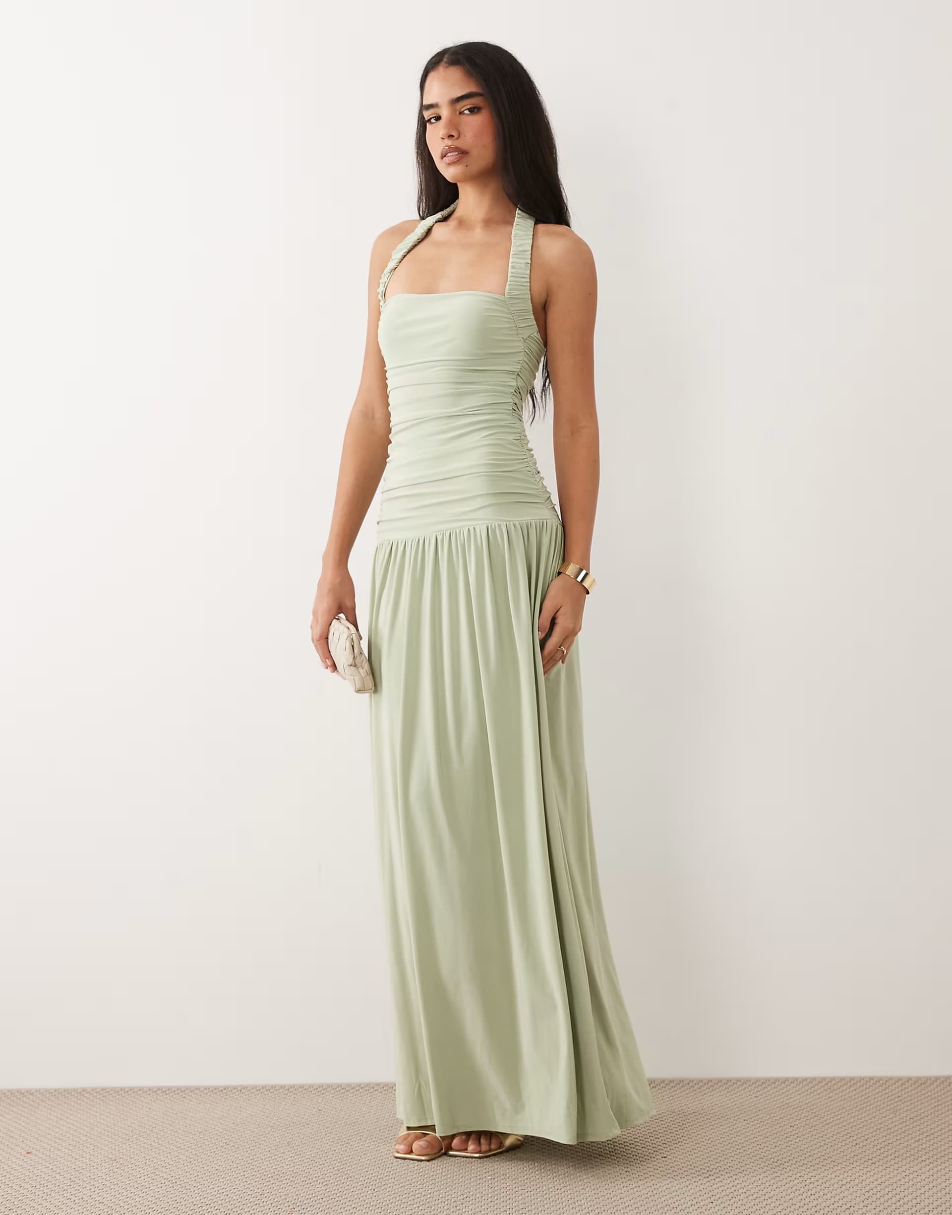 ASOS ASOS DESIGN soft touch maxi with ruched halter neck in sage green