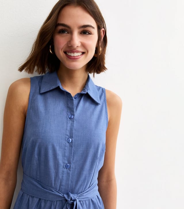 New Look Women's Blue Chambray Sleeveless Midi Shirt Dress New Look - 2