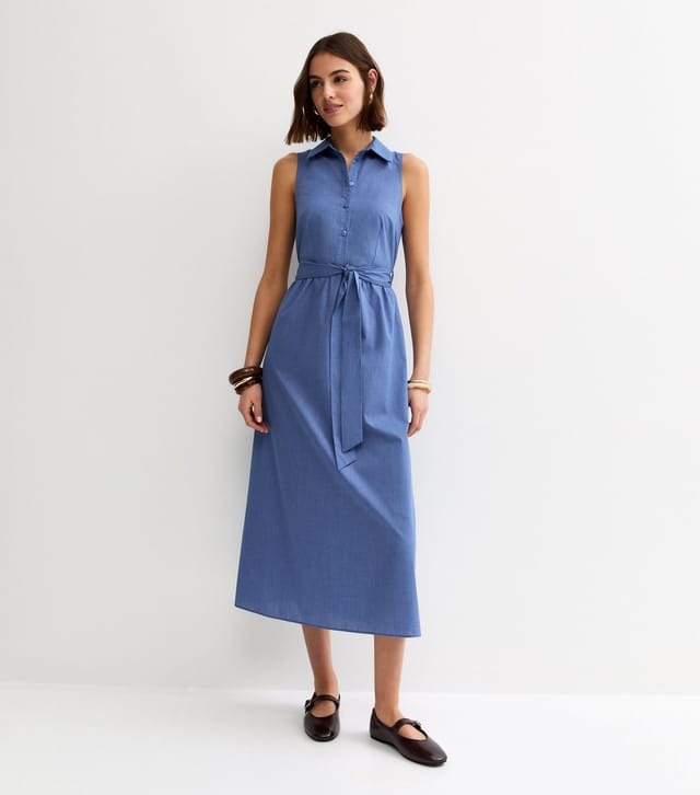 New Look Women's Blue Chambray Sleeveless Midi Shirt Dress New Look - 3