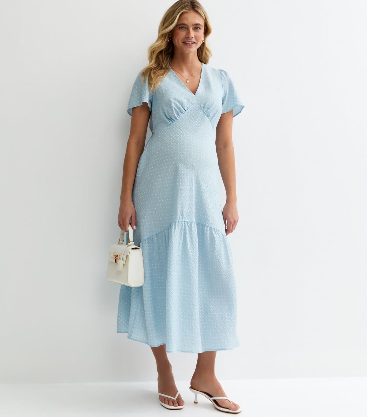 New Look Women's Maternity Light Blue Polka Dot Tiered Tea Midi Dress New Look