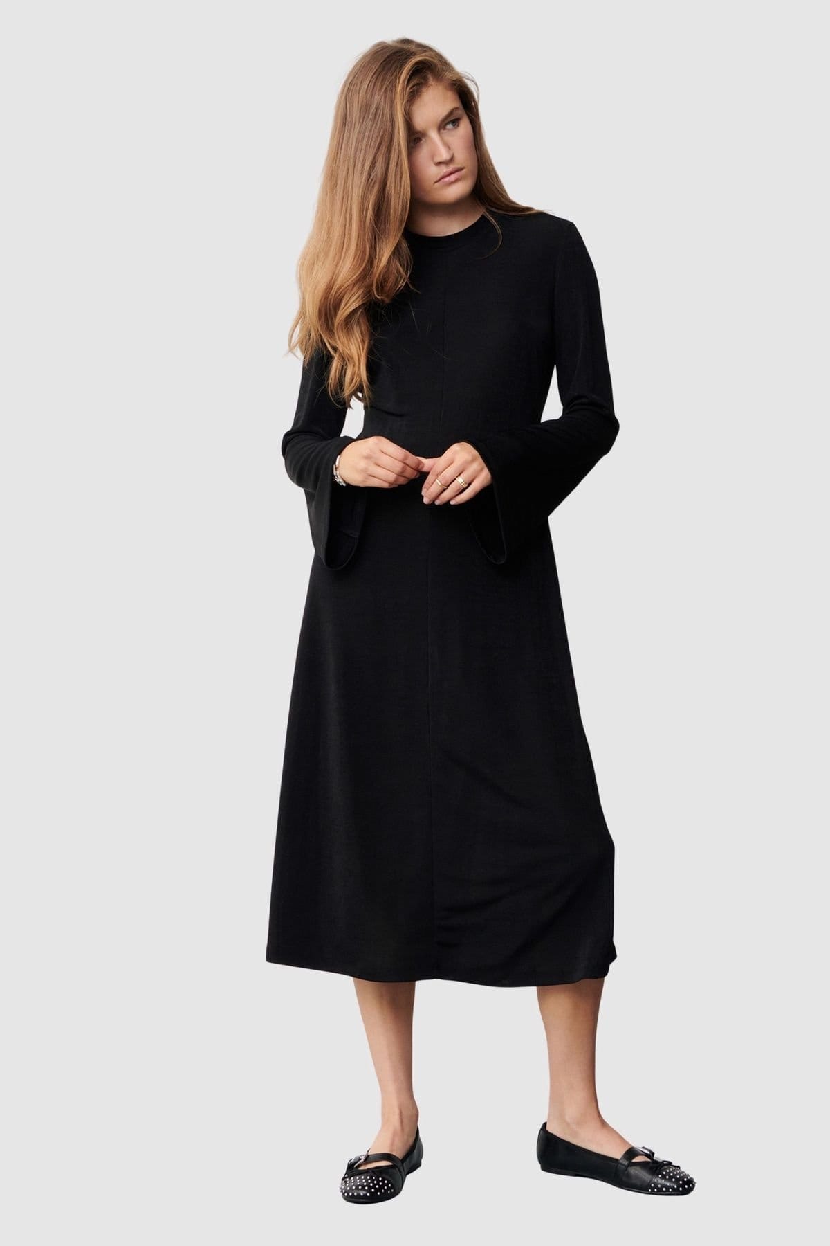 Finery London Black Buzy Flared Sleeve Midi Dress