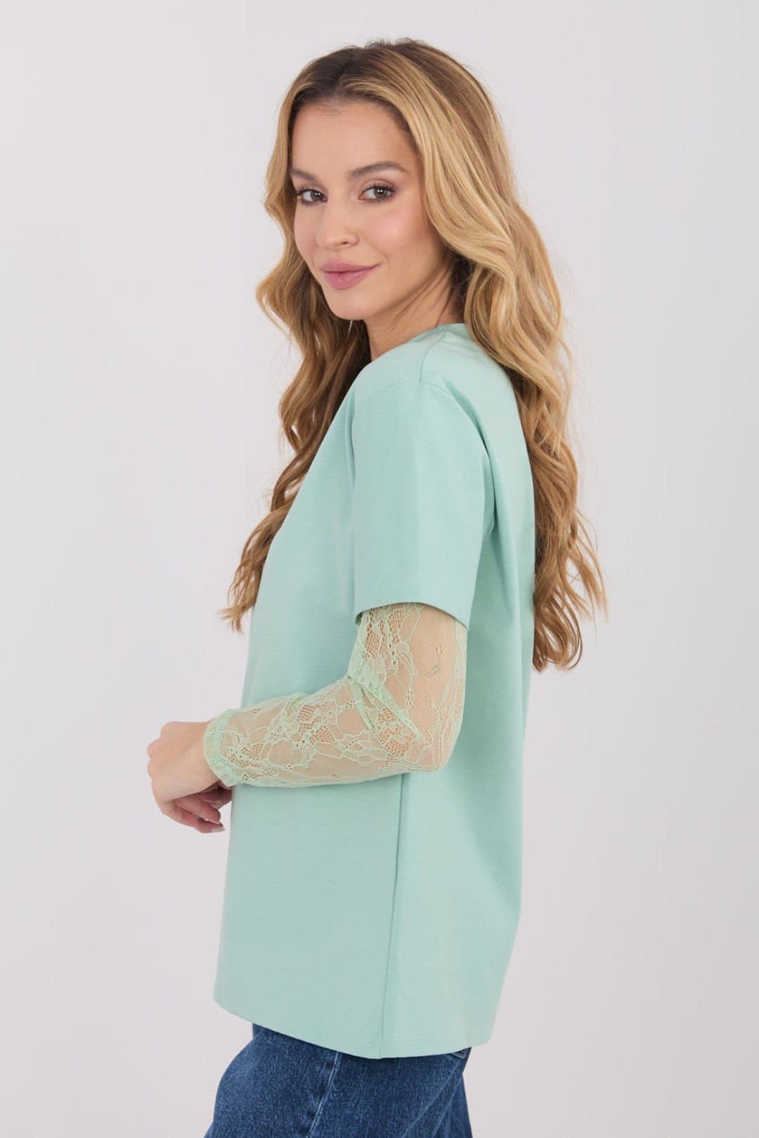 Love Lace Love Lace Women's Cotton Blend Blouse with Lace Quarter Sleeves in Green