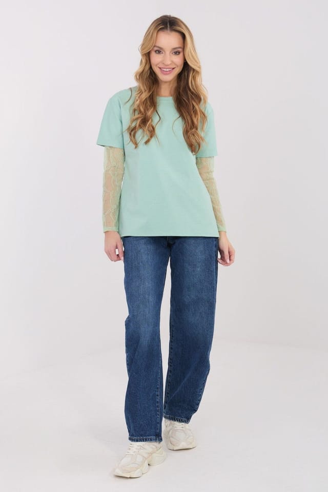 Love Lace Love Lace Women's Cotton Blend Blouse with Lace Quarter Sleeves in Green - 2
