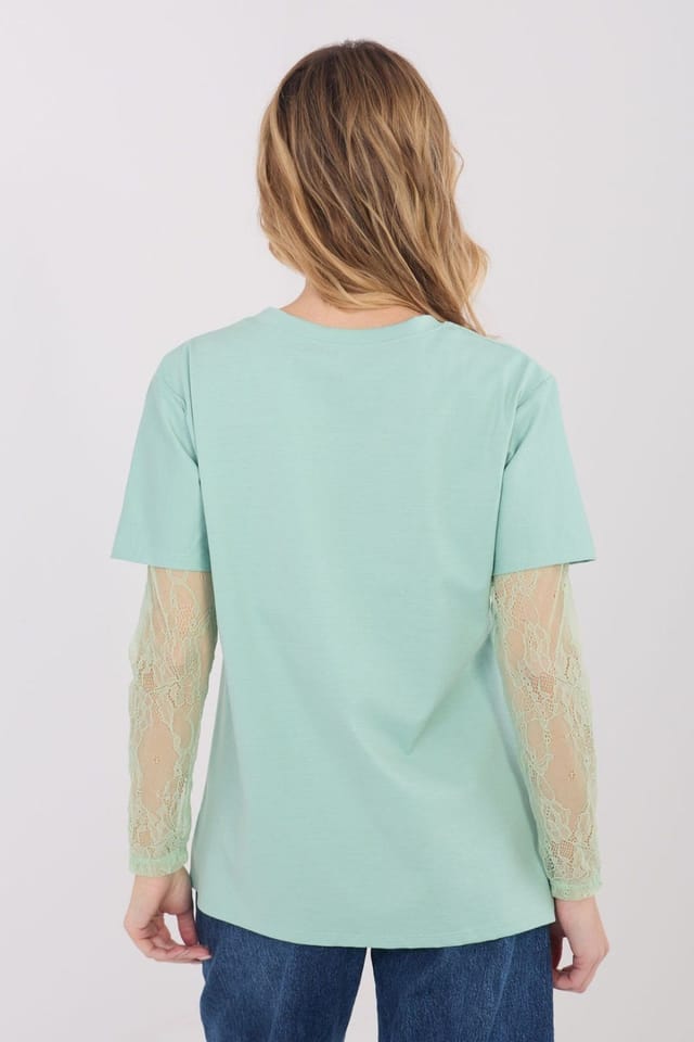 Love Lace Love Lace Women's Cotton Blend Blouse with Lace Quarter Sleeves in Green - 3