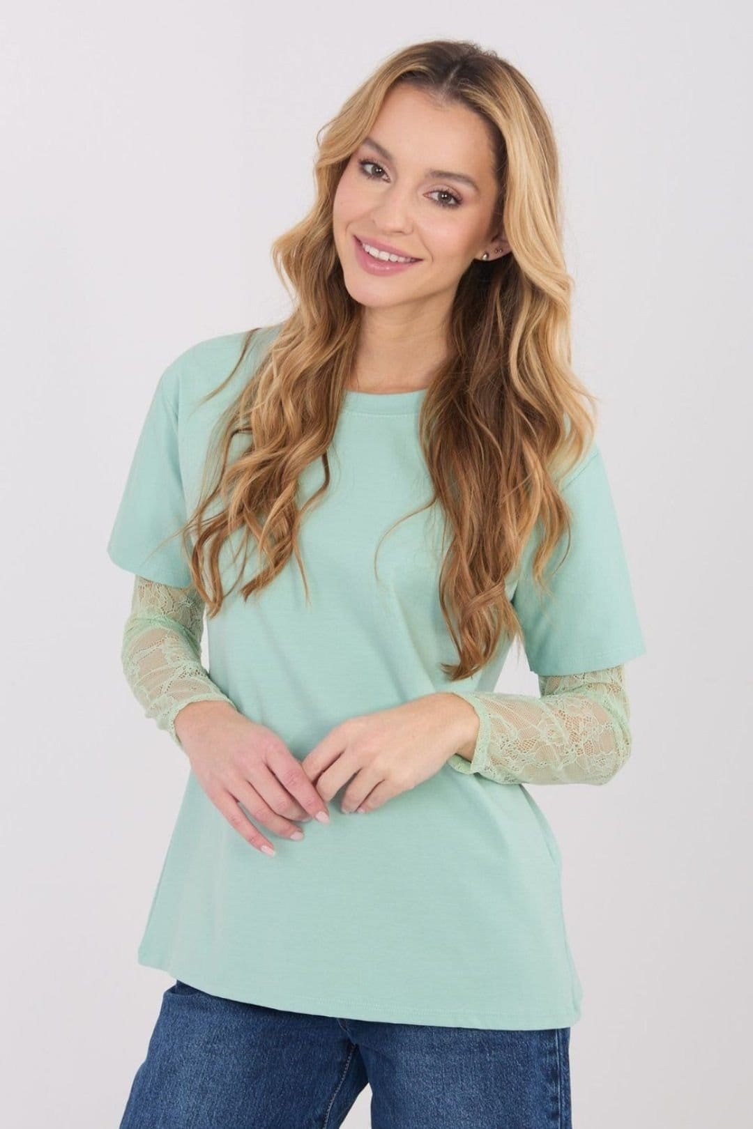 Love Lace Love Lace Women's Cotton Blend Blouse with Lace Quarter Sleeves in Green - 4