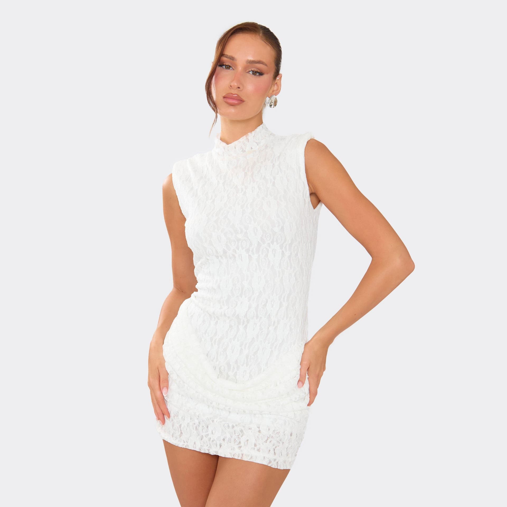 EGO Shoulder Pad Drape Front Mini Dress In White Texture, Women's Size UK 6