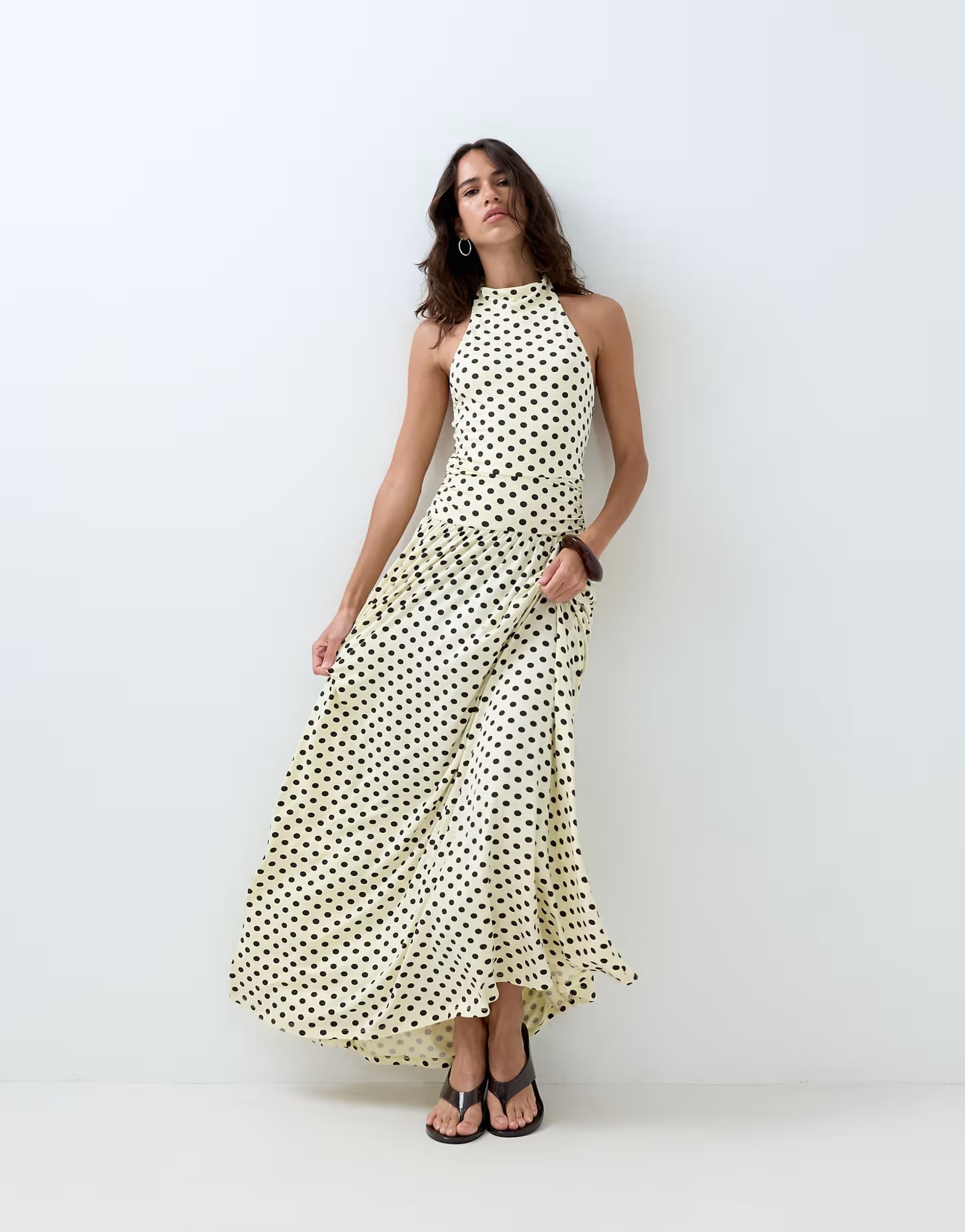 ASOS ASOS DESIGN polka dot high neck drop waist midi dress in lemon and brown