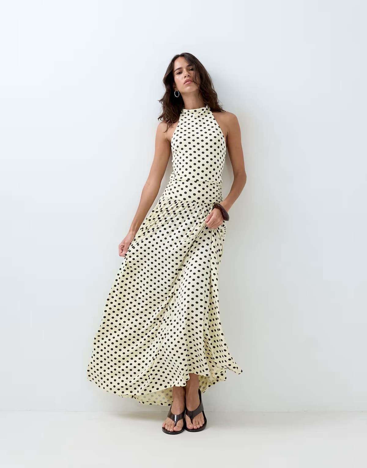ASOS ASOS DESIGN polka dot high neck drop waist midi dress in lemon and brown - 1