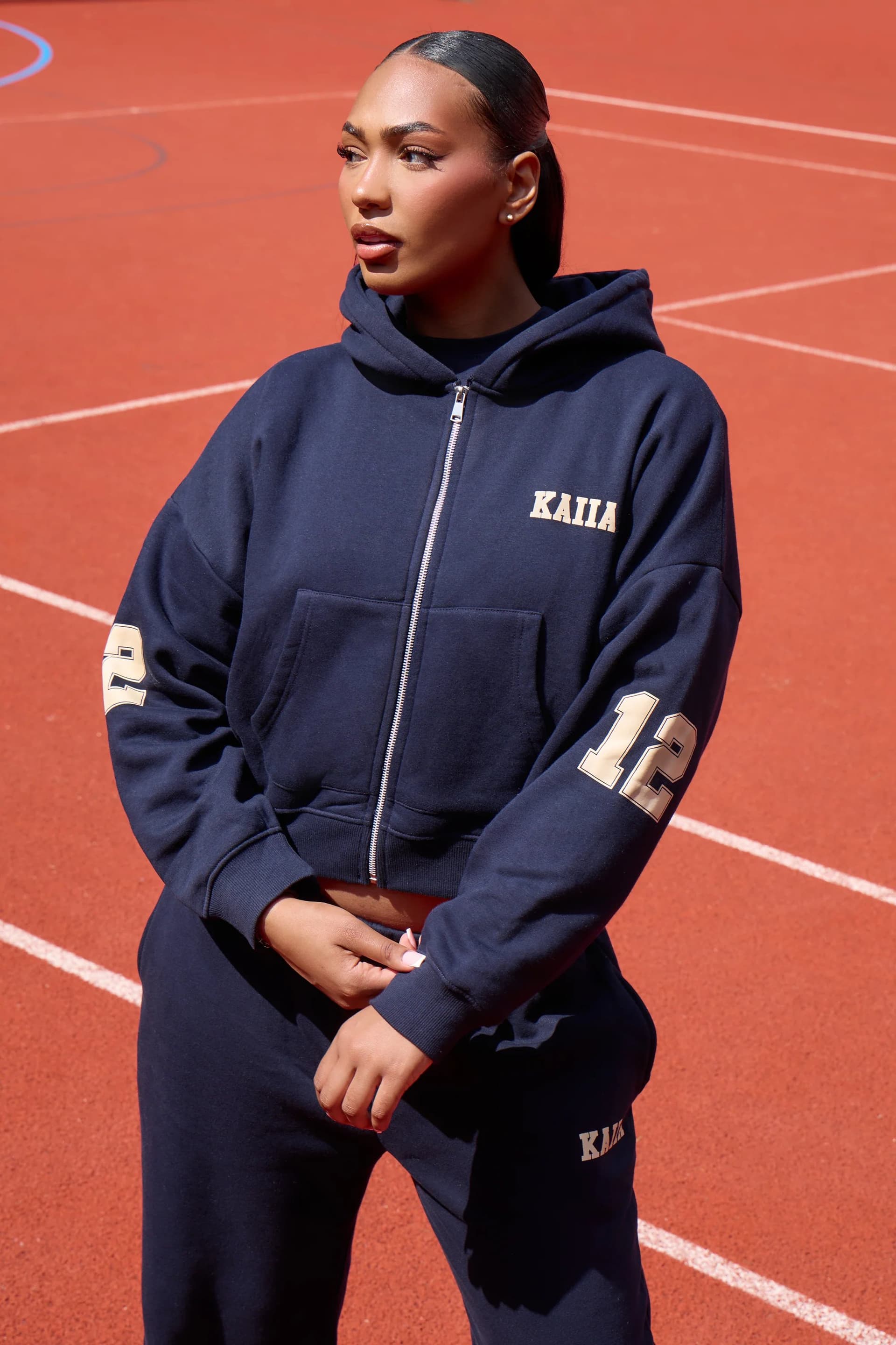 Kaiia Kaiia 12 Sport Graphic Oversized Zip Through Hoodie Ink Blue & Lemon