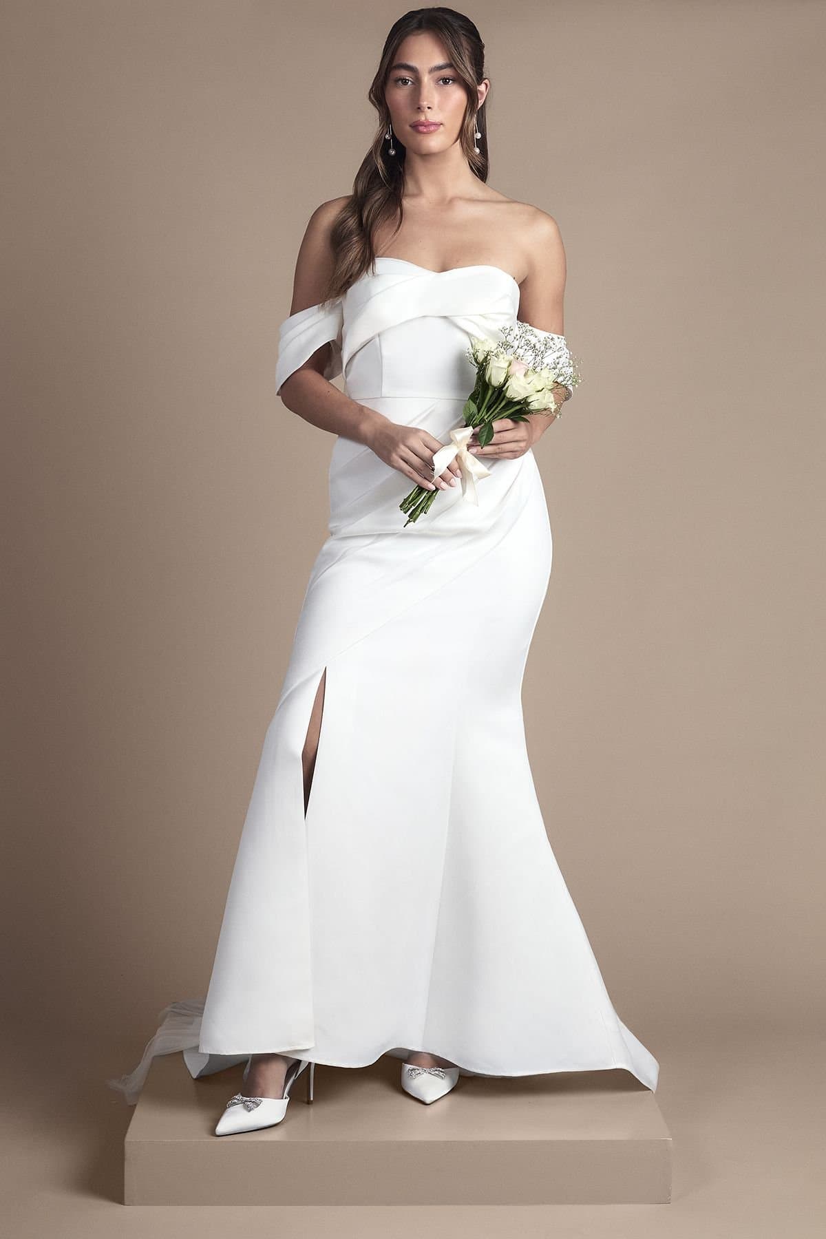 Coast Coast Women's Bardot Twist Structured Satin Maxi Wedding Dress with Fishtail Train in White
