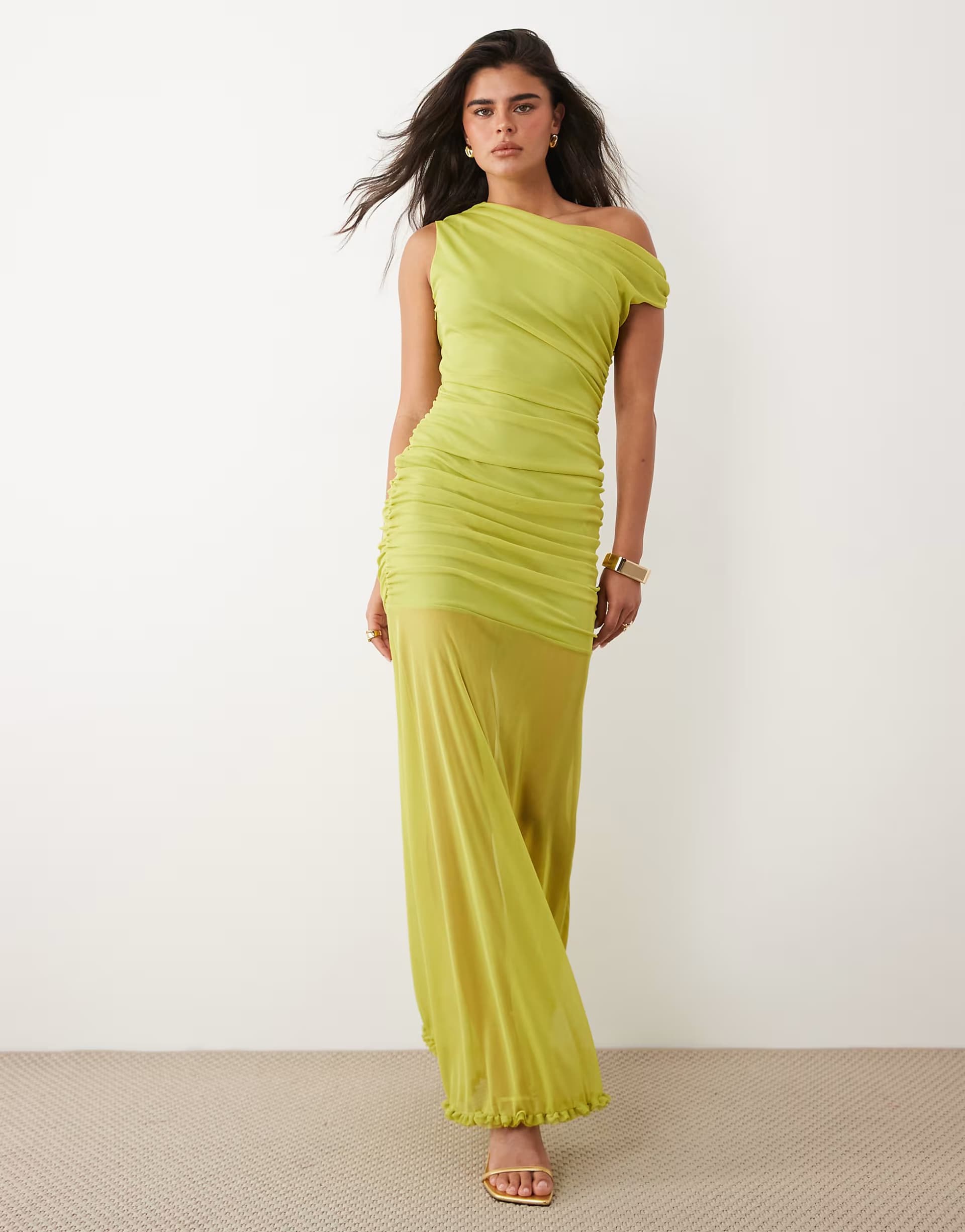 ASOS TFNC mesh asymmetric off shoulder ruched sheer hem maxi dress in lime