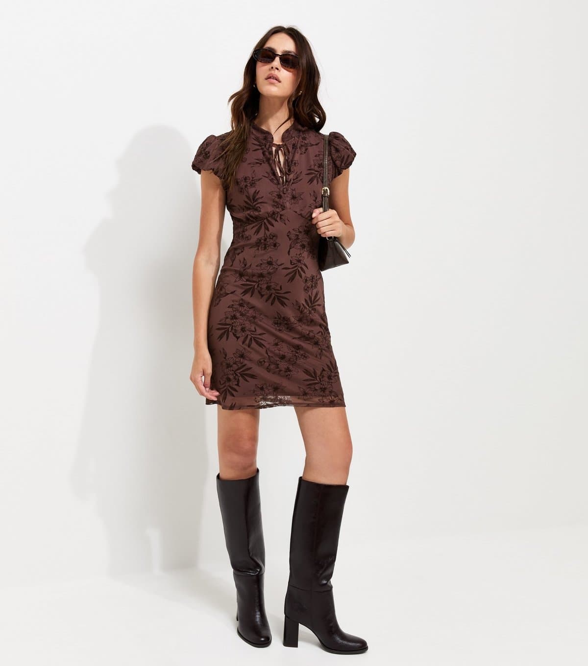 New Look Women's Dark Brown Floral Flocked Keyhole Tie Neckline Mini Dress New Look