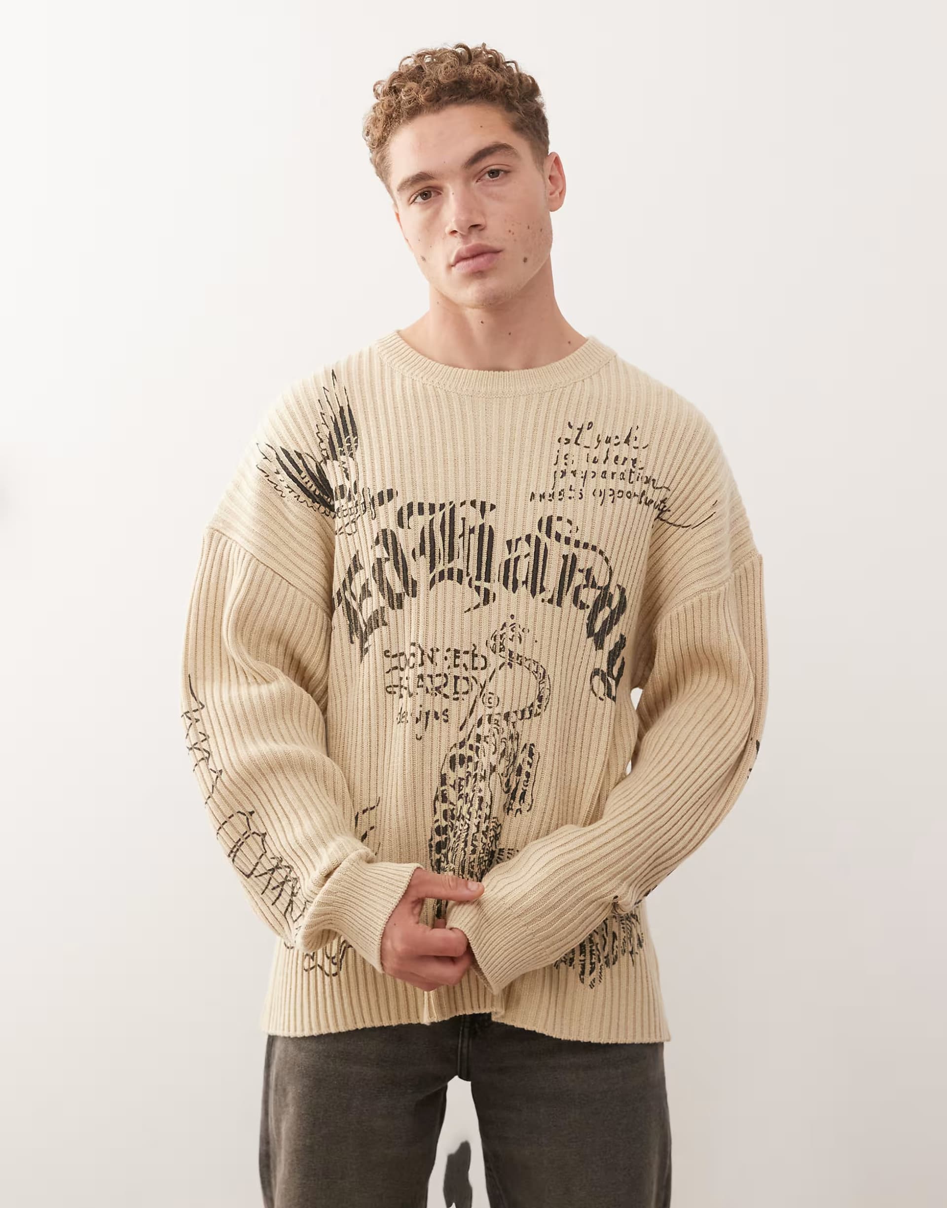 ASOS Ed Hardy gothic ribbed knitted crew jumper in beige