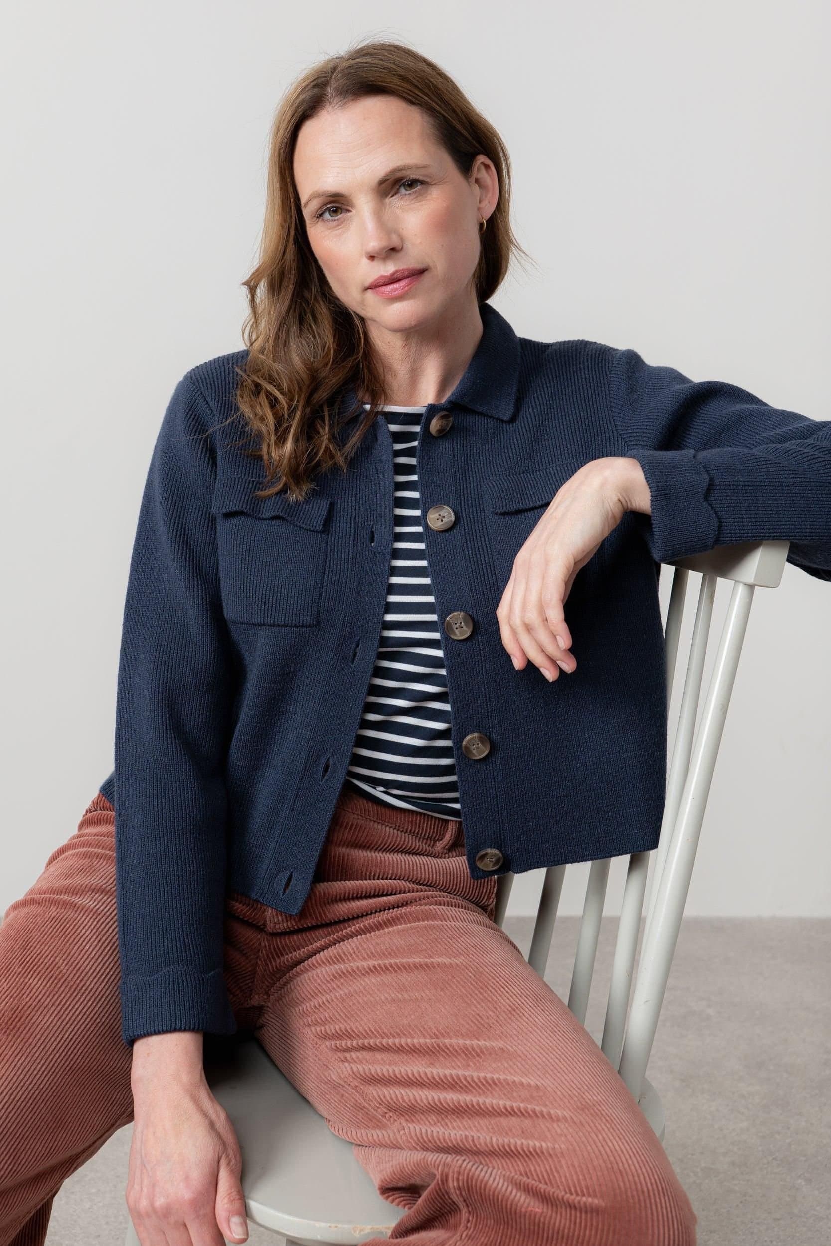 Lily & Me Lily & Me Women's Chestnut Chic Boxy Fit Knitted Jacket with Scalloped turn back cuffs in Navy