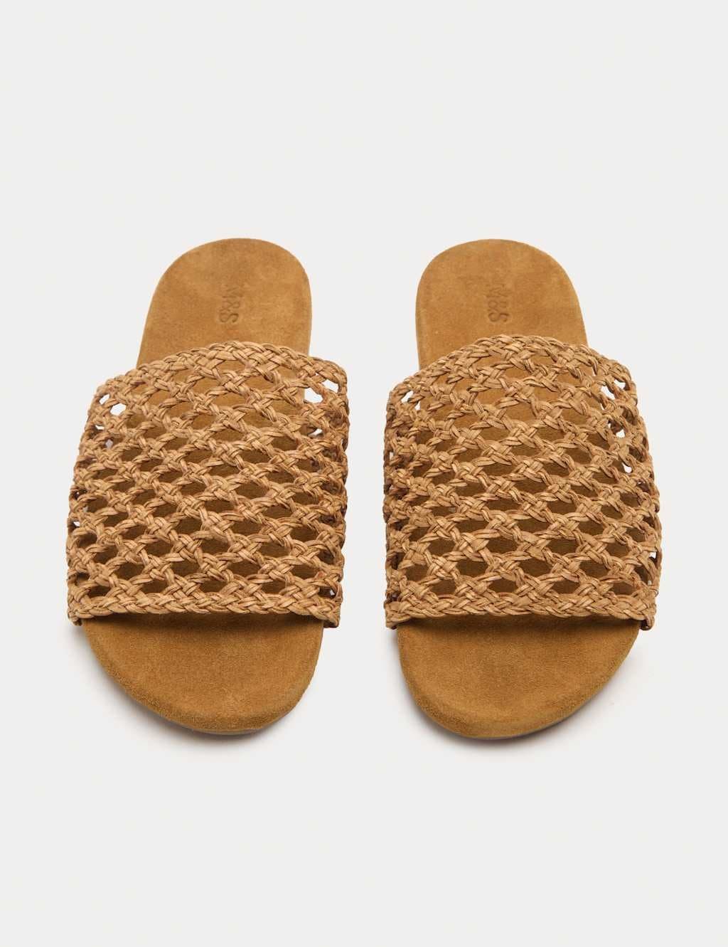 Marks & Spencer M&S Leather Woven Flat Open Toe Mules Sand
