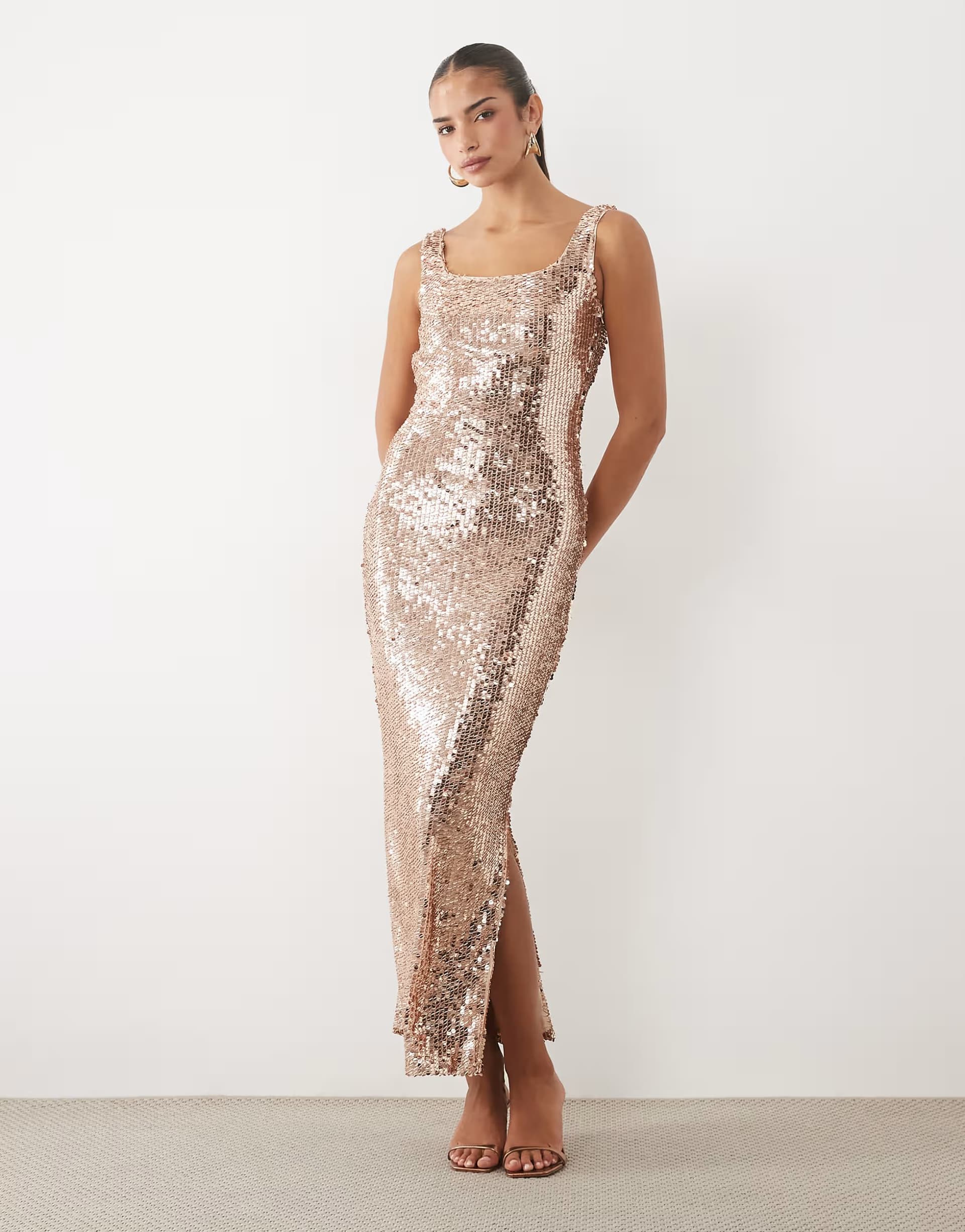 ASOS TFNC embellished scoop neck low back maxi dress in gold