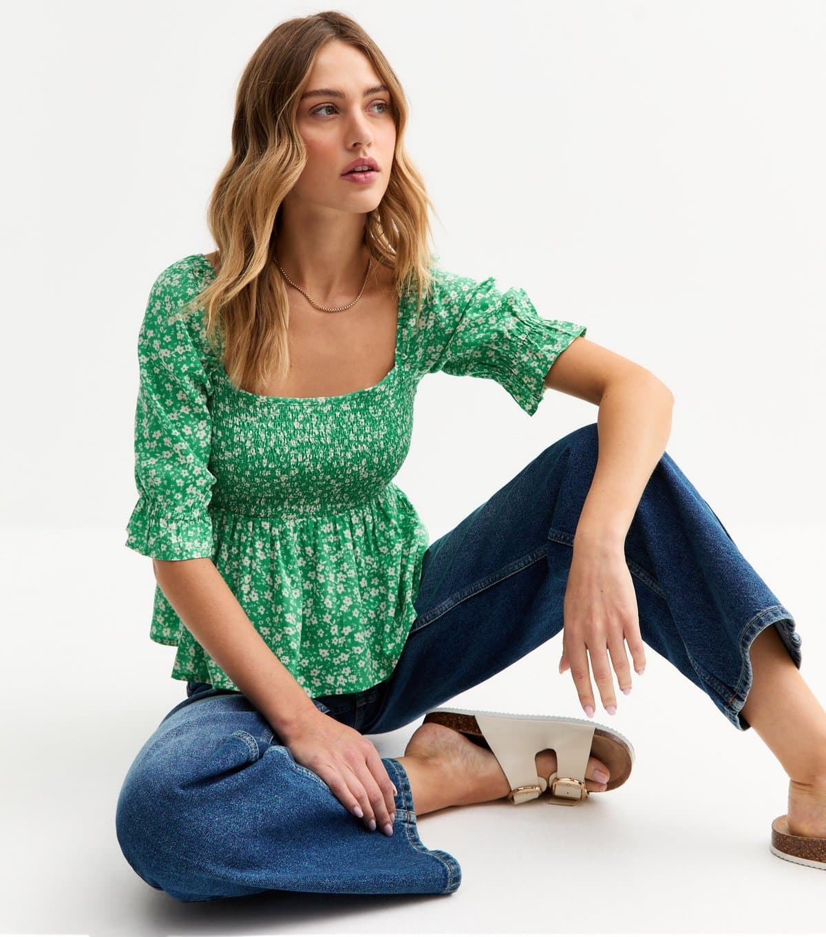 New Look Women's Green Floral Print Shirred Top New Look