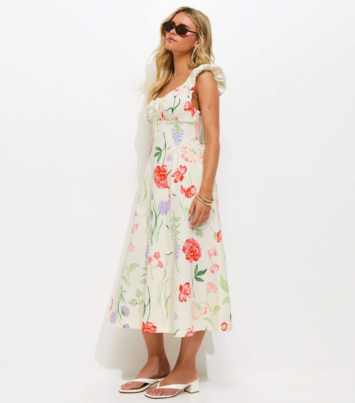 New Look Women's Petite Cream Floral Print Corset Waist Midi Dress New Look