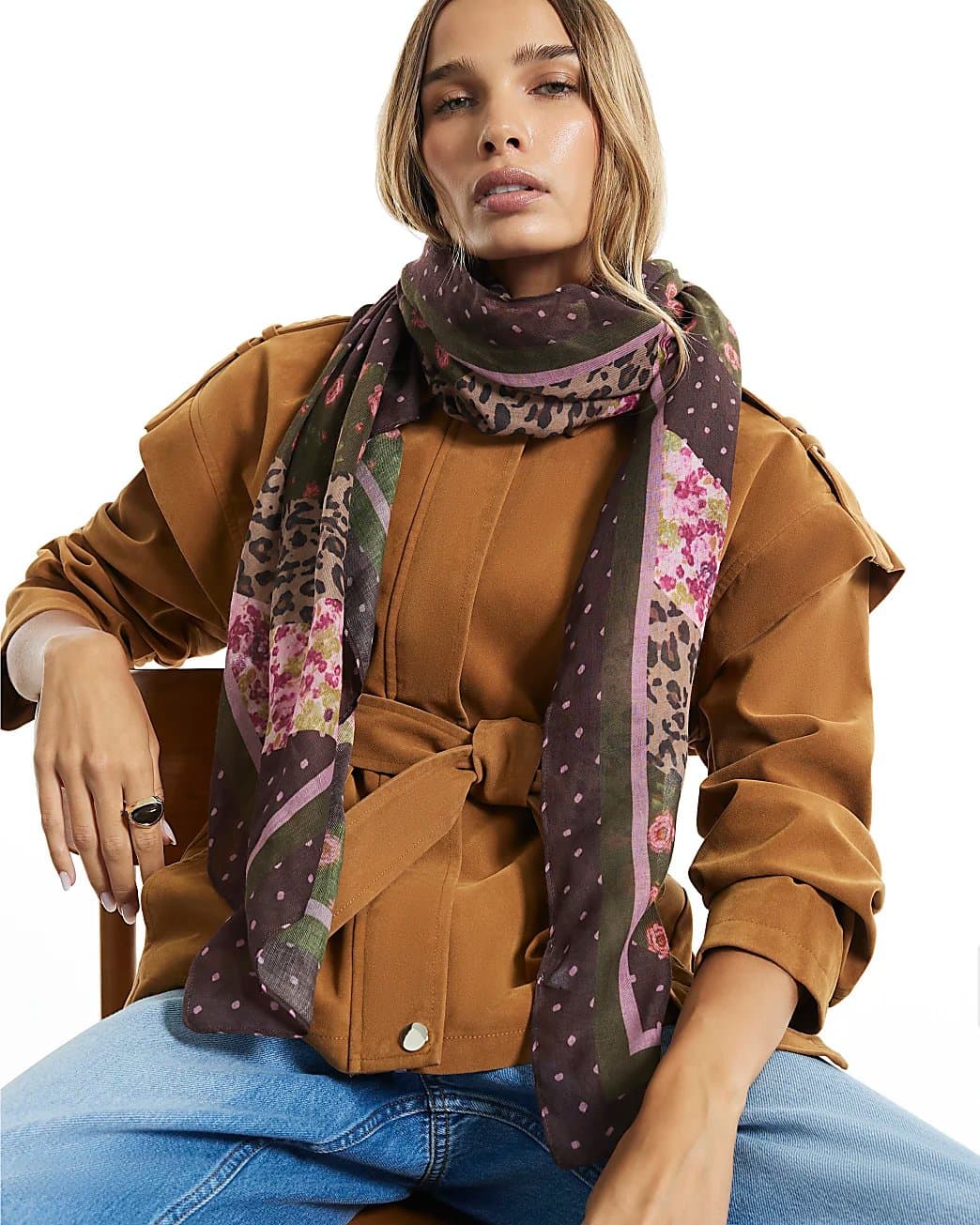 River Island River Island Womens Beige Spliced Floral Large Scarf