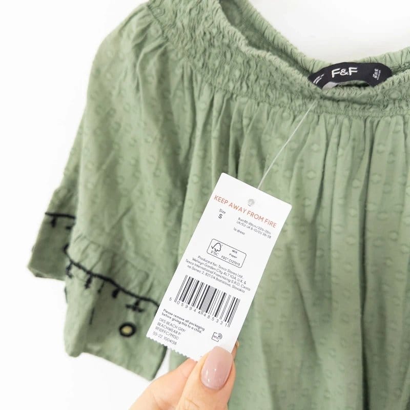 F&F F&F Tiered Summer Mini Boho Dress Size S 8 10 NEW Sage Green Textured Bardot - 1