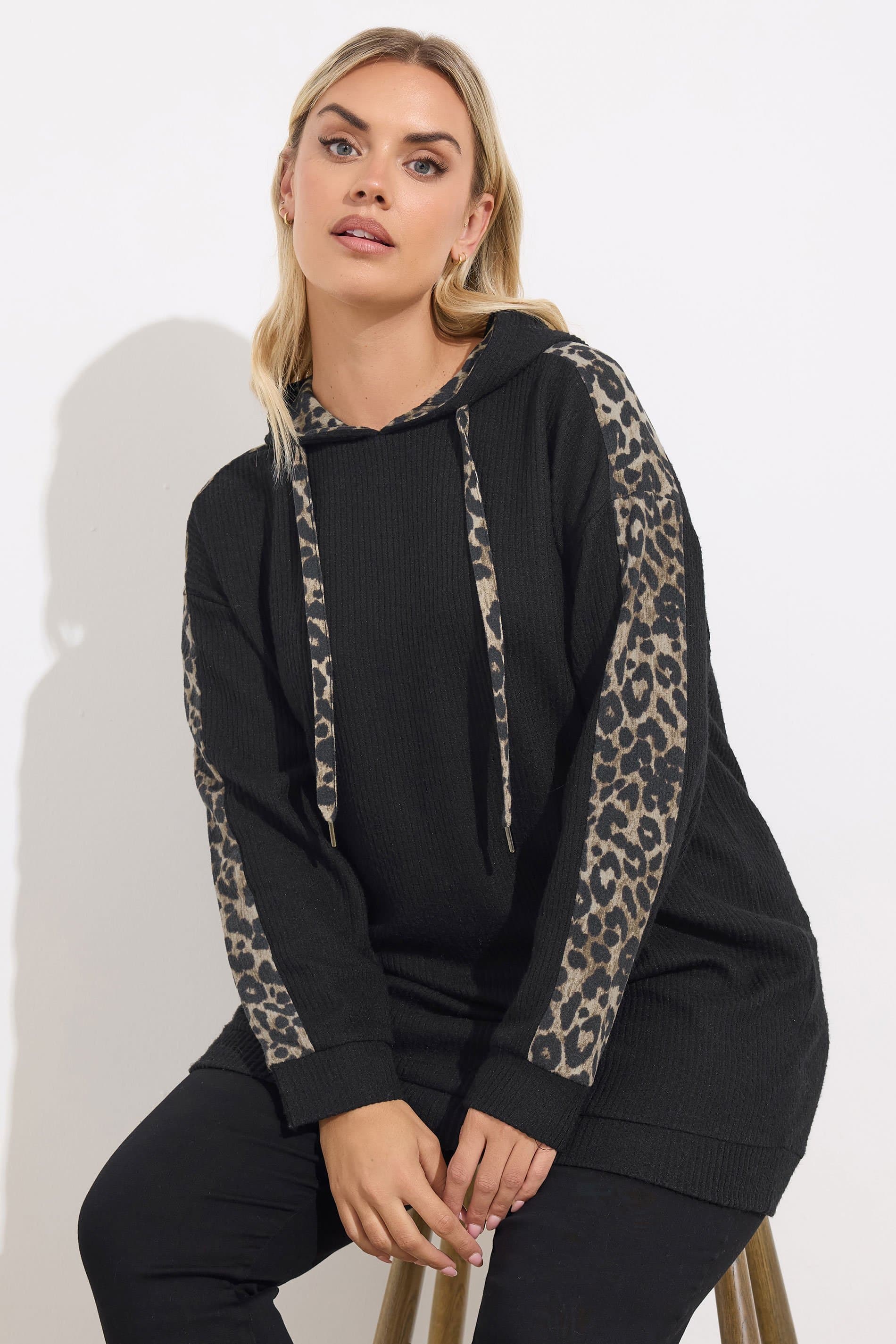 Yours Plus Size Black Leopard Print Trim Hoodie