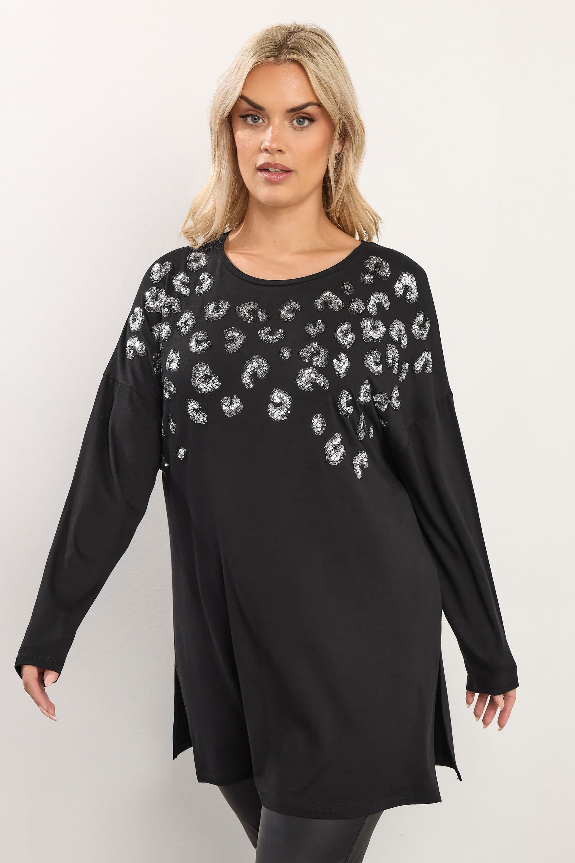 Yours Plus Size Black Leopard Sequin Long Sleeve Top
