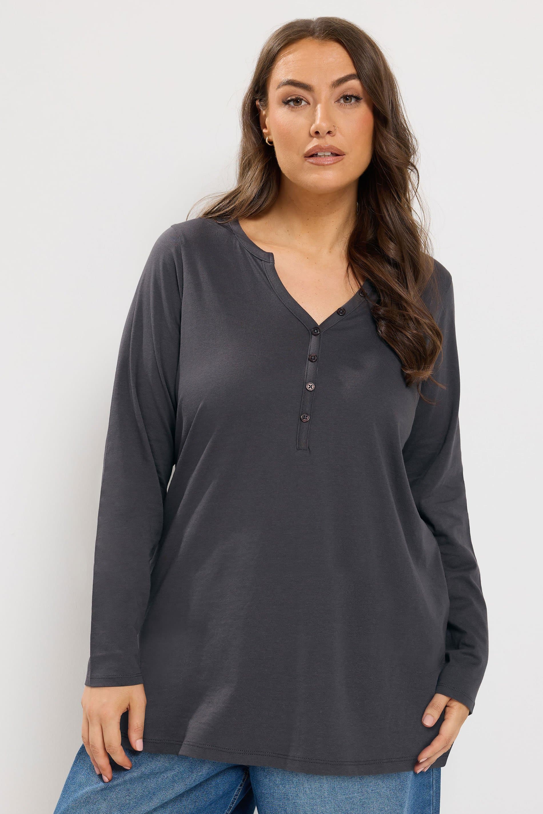Yours Plus Size Grey Henley Long Sleeve Tshirt