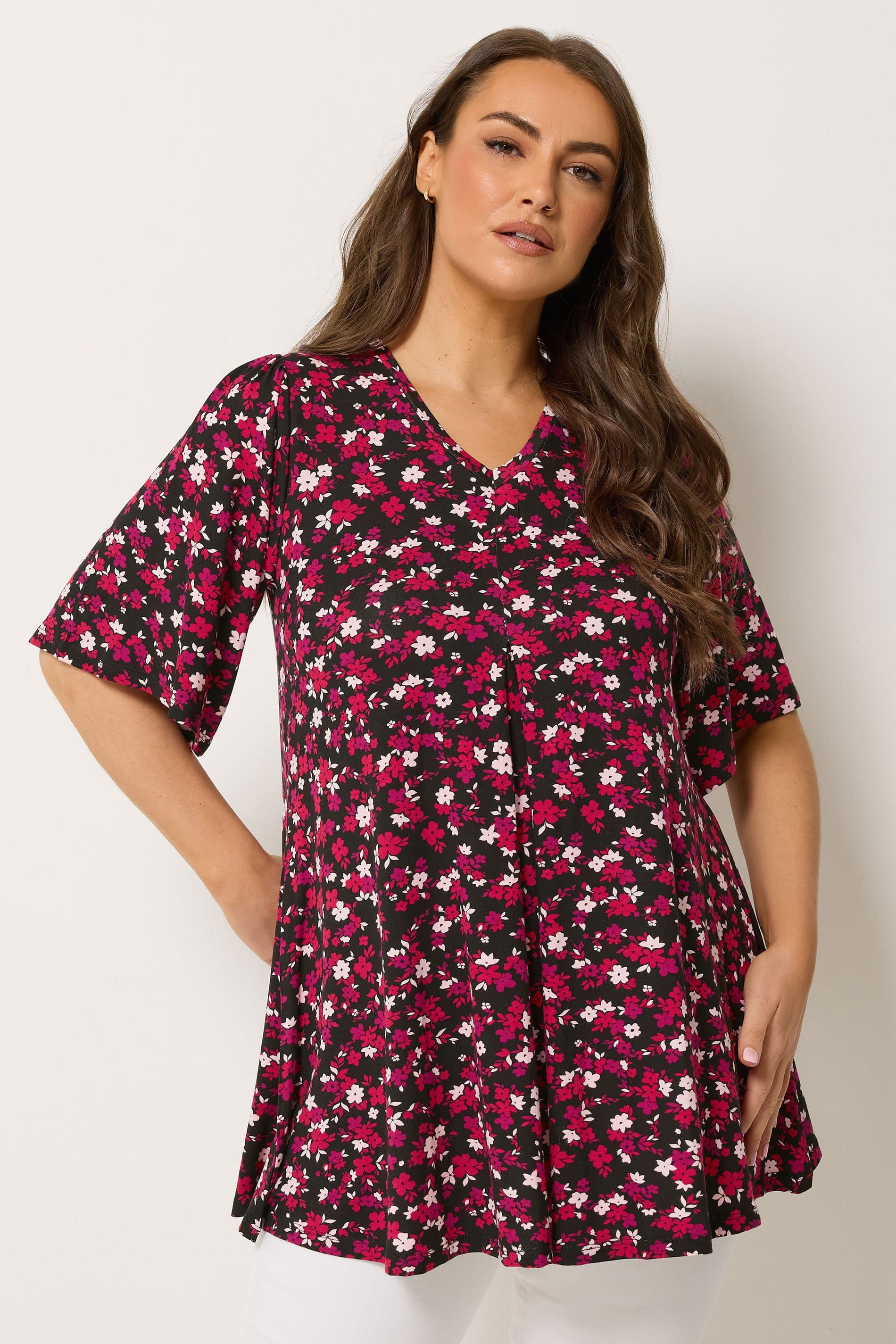 Yours Plus Size Black Floral Pleated Front Top