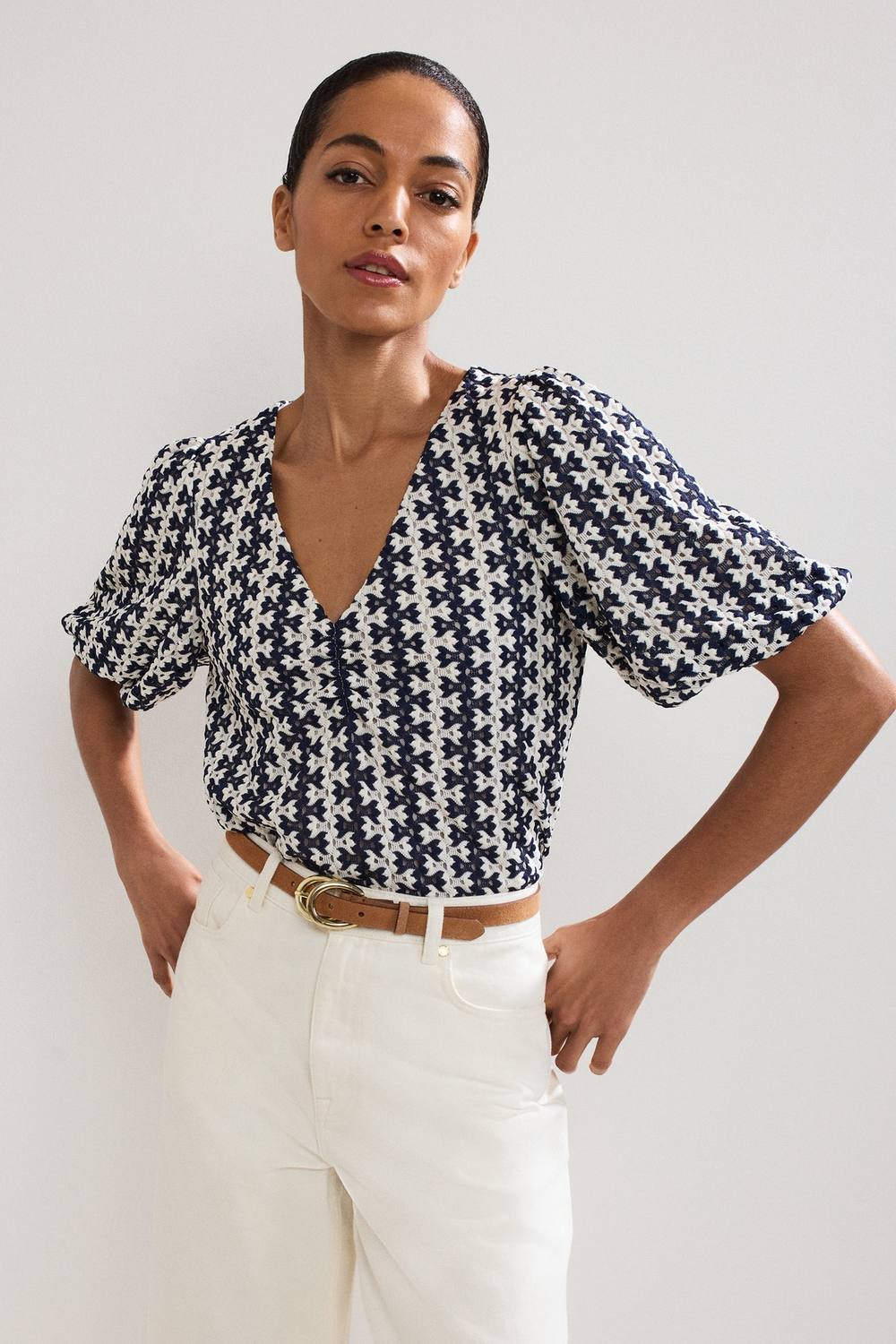 Phase Eight Phase Eight Women's Alba Textured Puff Sleeve Top in Mid Navy - 3