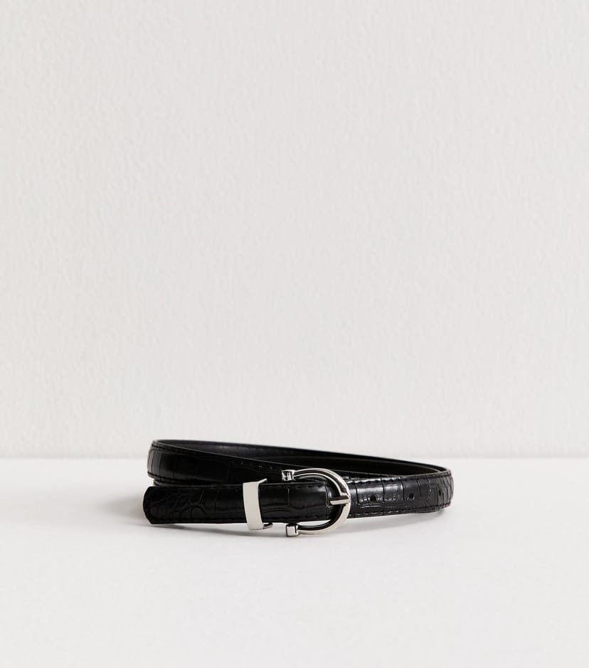 New Look Black Faux Leather Croc Embossed Skinny Belt New Look - 1
