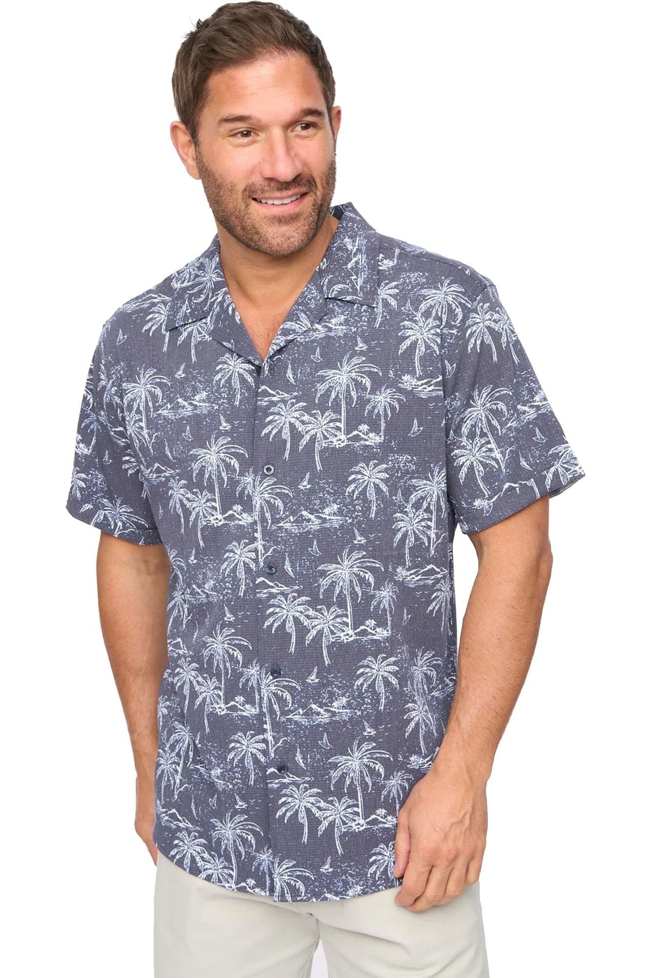 Bewley&Ritch Bewley&Ritch Men's Arecas Palm Print Polyester Short-Sleeved Shirt in Navy