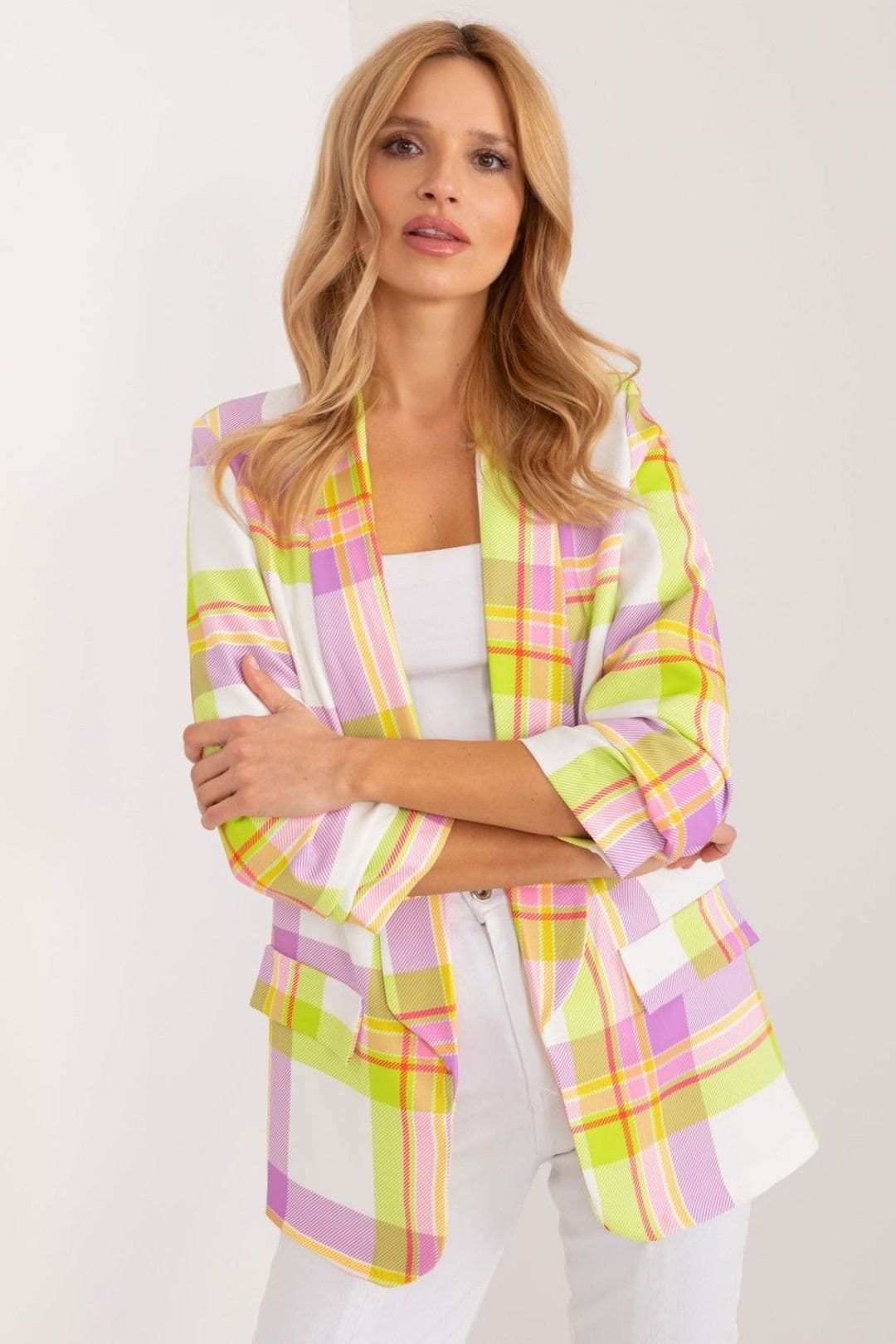 Love Lace Multicolor Check Print Lined Blazer Jacket