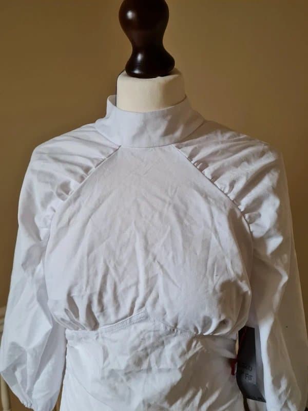 ASOS Bnwt new asos sample 10 white cotton shirt dress bodycon Backless cut out sexy high neck ruched